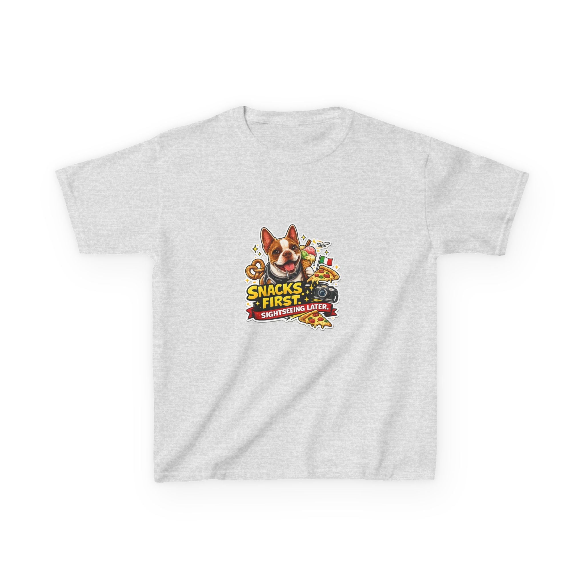 Kids T‑Shirt — "Snacks First" Funny Olli the Boston Terrier Graphic Tee for Children