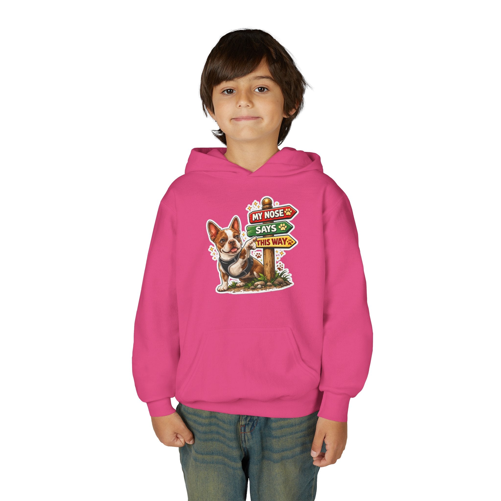 Youth Hoodie — Cute Olli the Boston Terrier ‘My Nose Says This Way’ / ‘I Came, I Sniffed, I Judged’