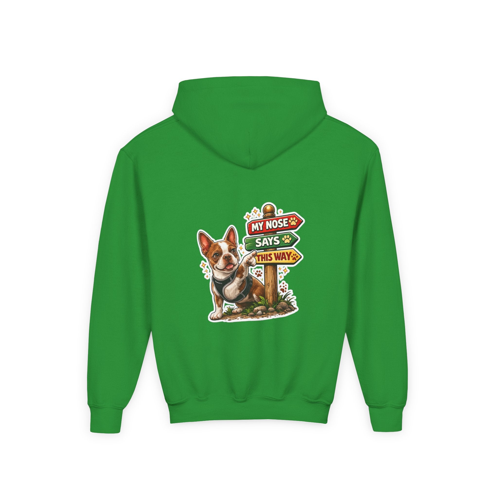 Olli the Boston Terrier in Italy Hoodie — "My Nose Says This Way" Youth Pullover