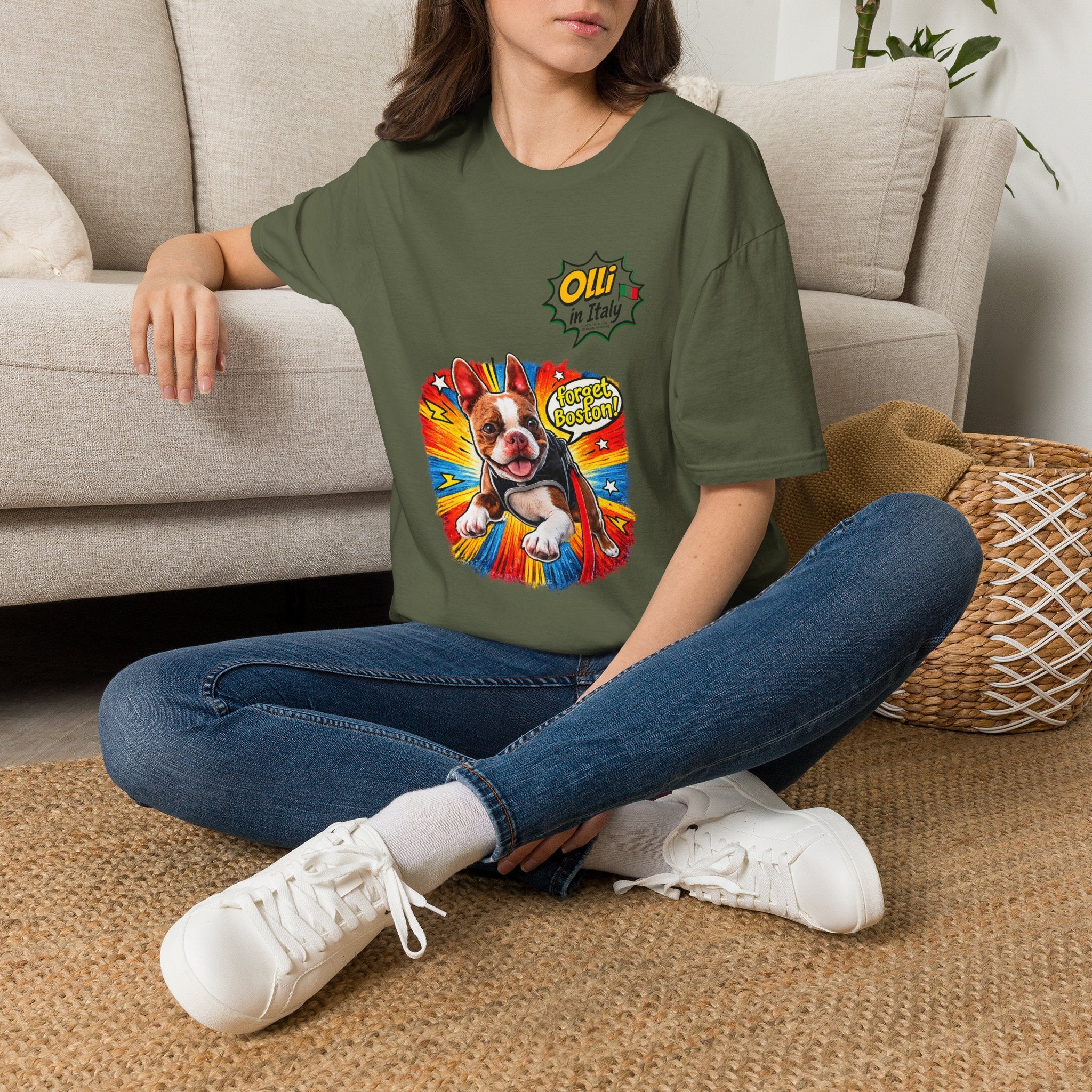 Olli in Italy "Forget Boston" Graphic T-Shirt — Colorful Dog Pop Art Tee