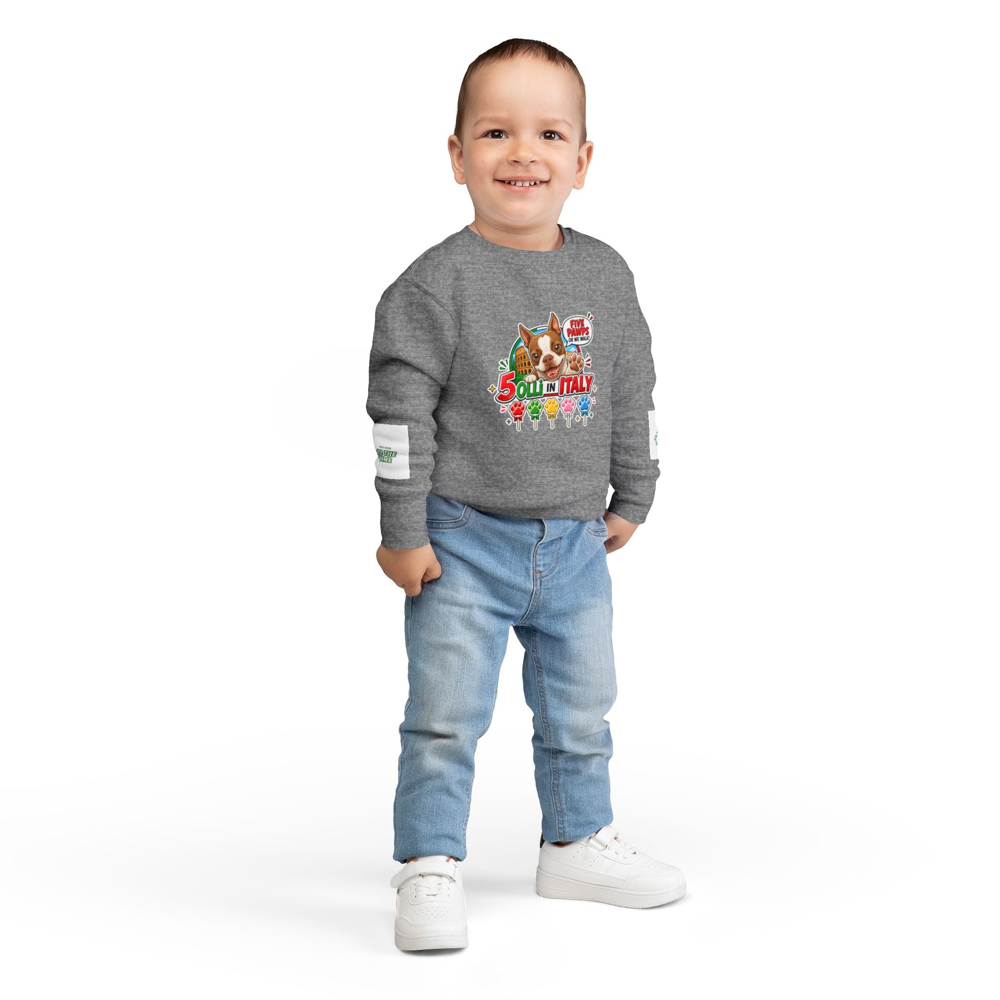 Toddler Sweatshirt - "Olli in Italy" Cute Boston Terrier Puppy Travel Crewneck