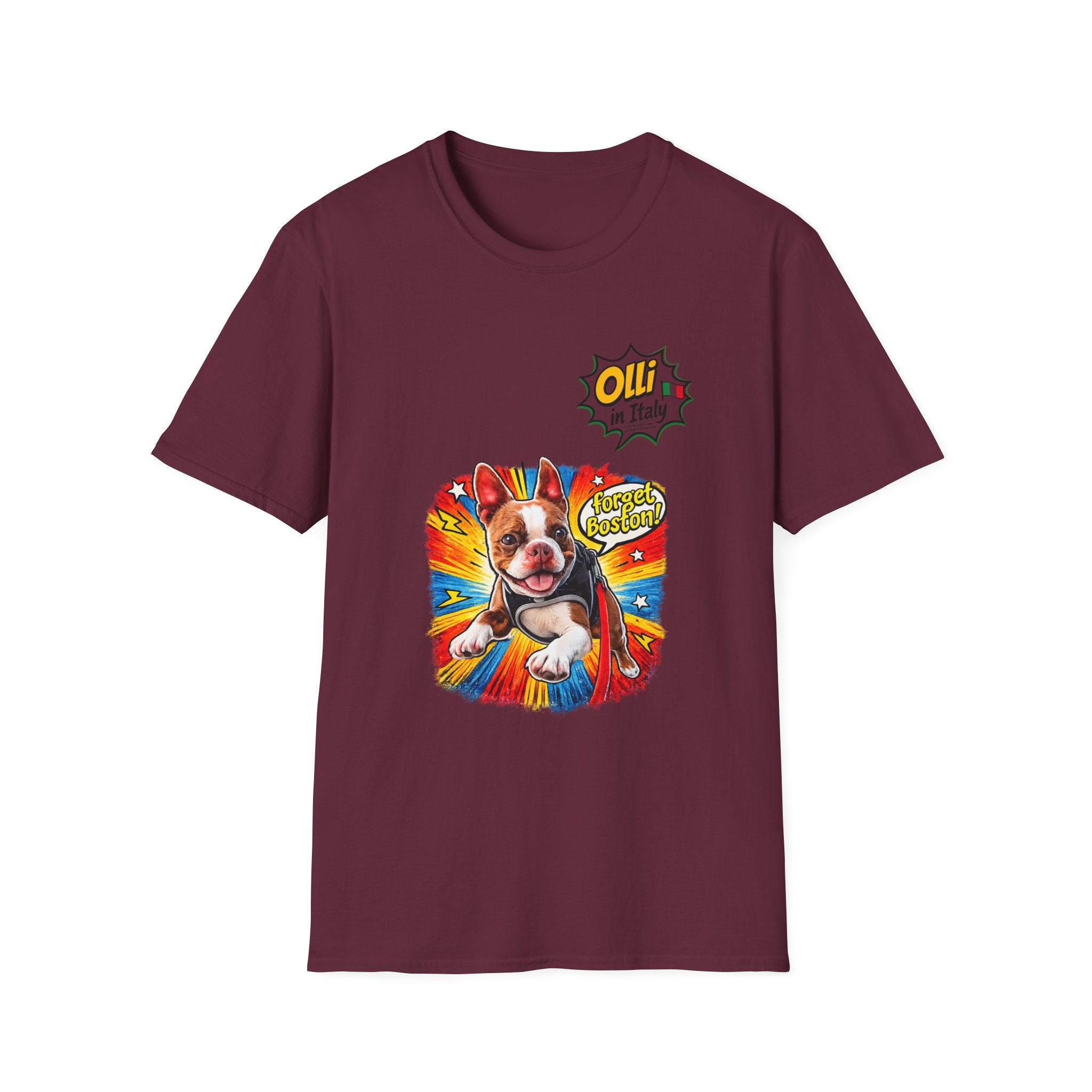 Olli in Italy "Forget Boston" Graphic T-Shirt — Colorful Dog Pop Art Tee