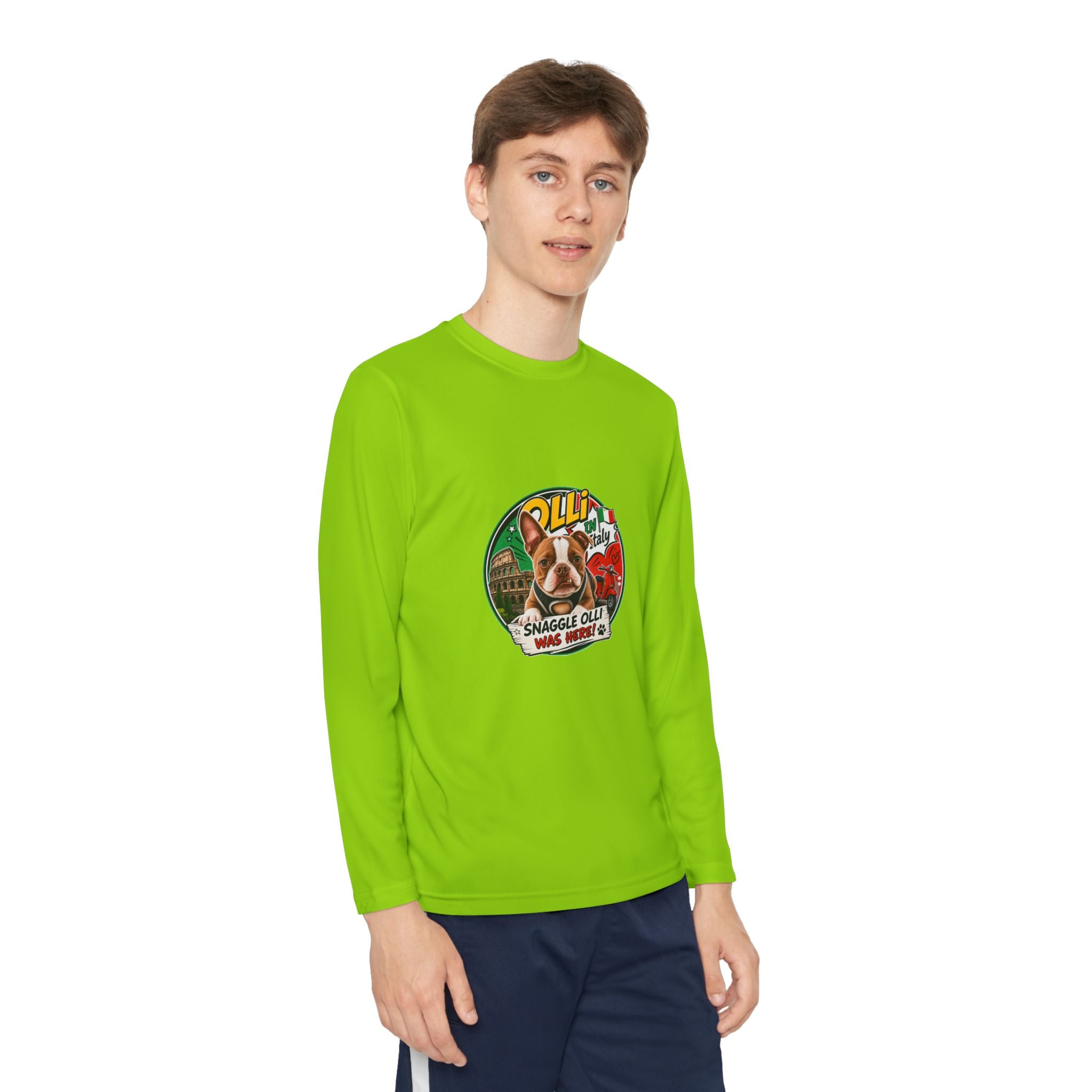 Olli the Boston Terrier in Italy Youth Long Sleeve Tee — "Olli" Surf Rescue Graphic