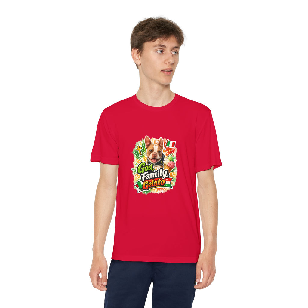 Youth Graphic Tee — 'God, Family, Gelato' Olli In Italy Boston Terrier Dog