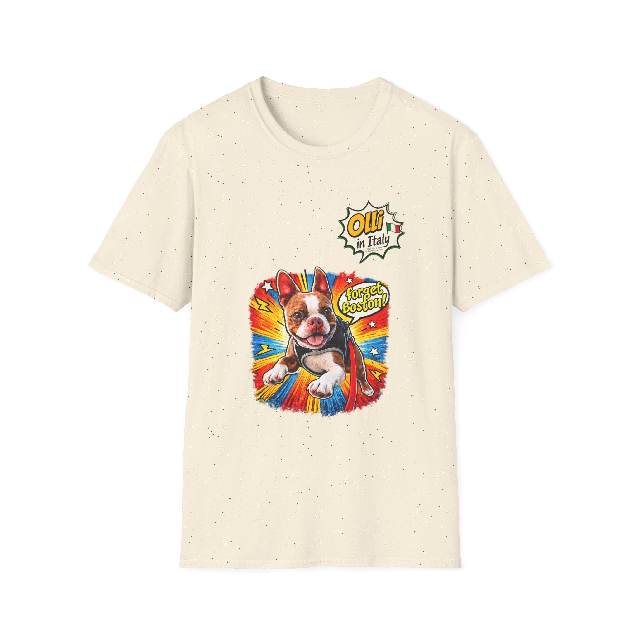 Olli in Italy "Forget Boston" Graphic T-Shirt — Colorful Dog Pop Art Tee