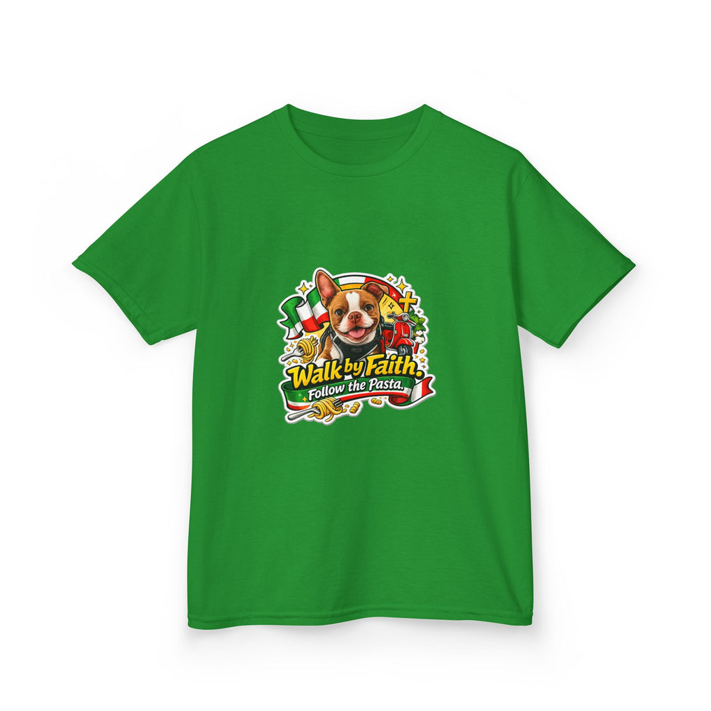 Kids T‑Shirt — “Walk by Faith, Follow the Pasta ” Cute Olli the Boston Terrier Faith Graphic