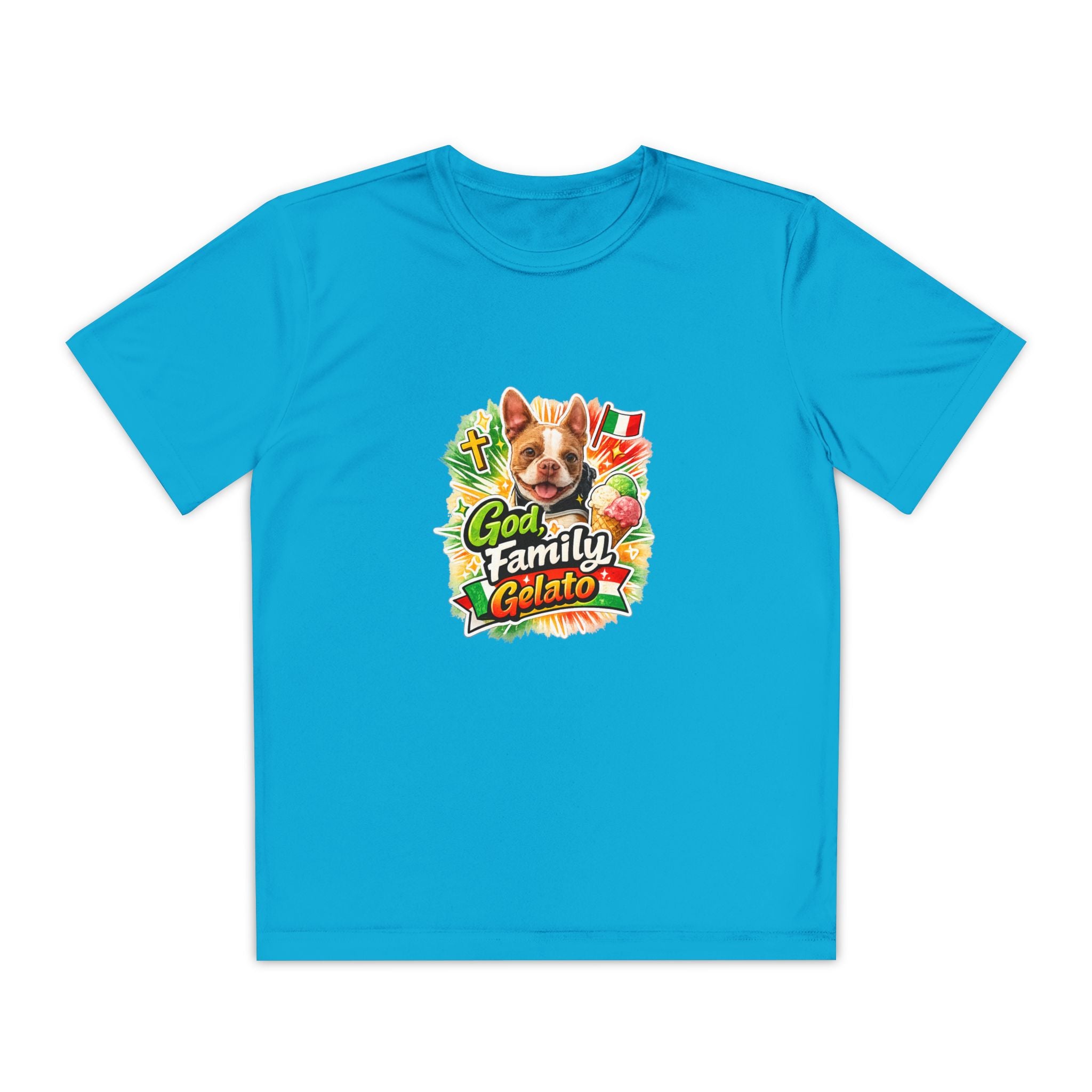 Youth Graphic Tee — 'God, Family, Gelato' Olli In Italy Boston Terrier Dog