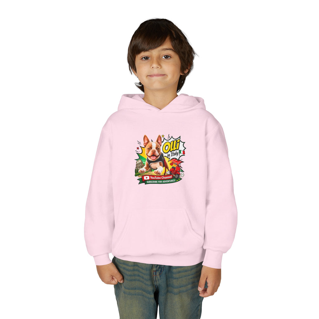 Olli the Boston Terrier in Italy Hoodie — "My Nose Says This Way" Youth Pullover