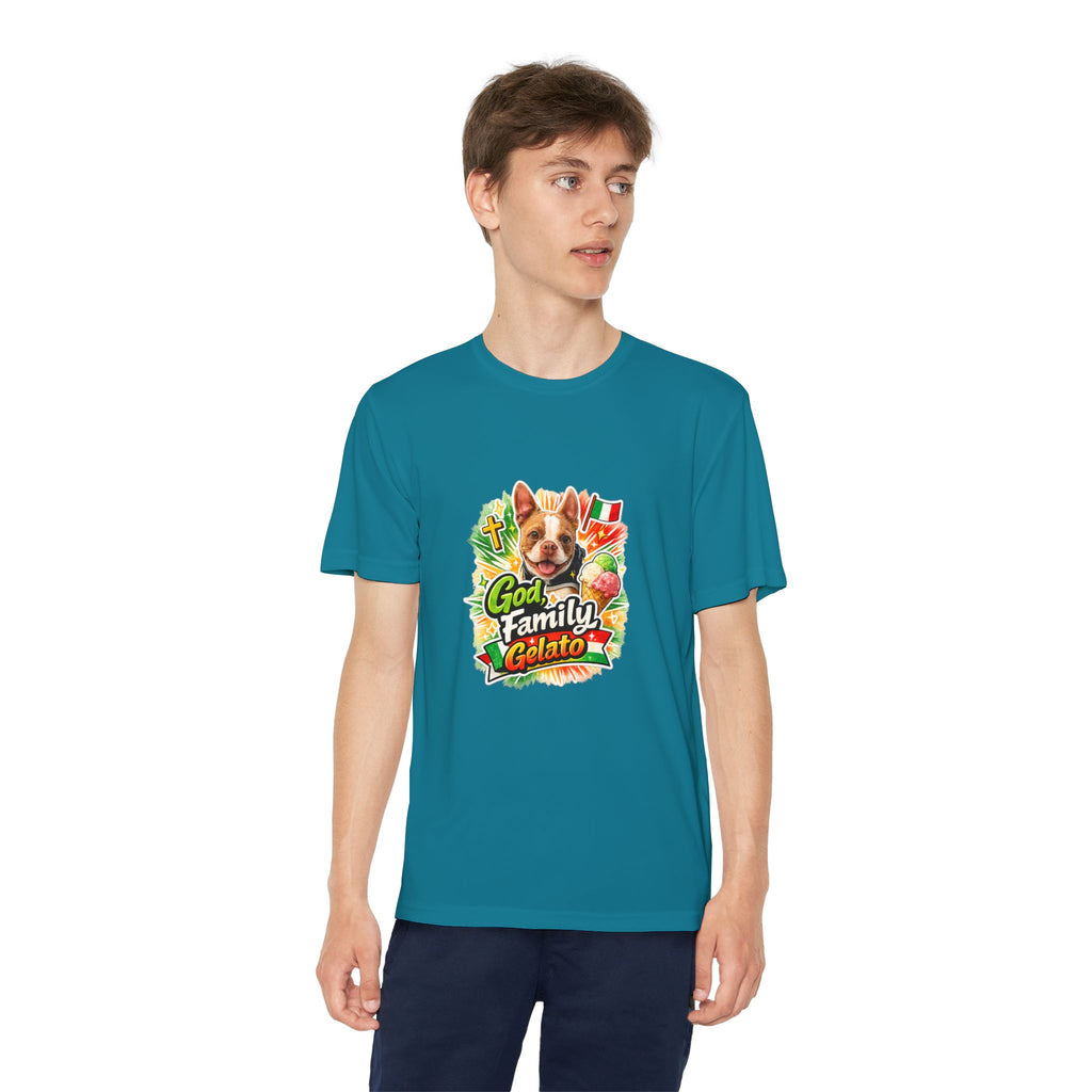 Youth Graphic Tee — 'God, Family, Gelato' Olli In Italy Boston Terrier Dog
