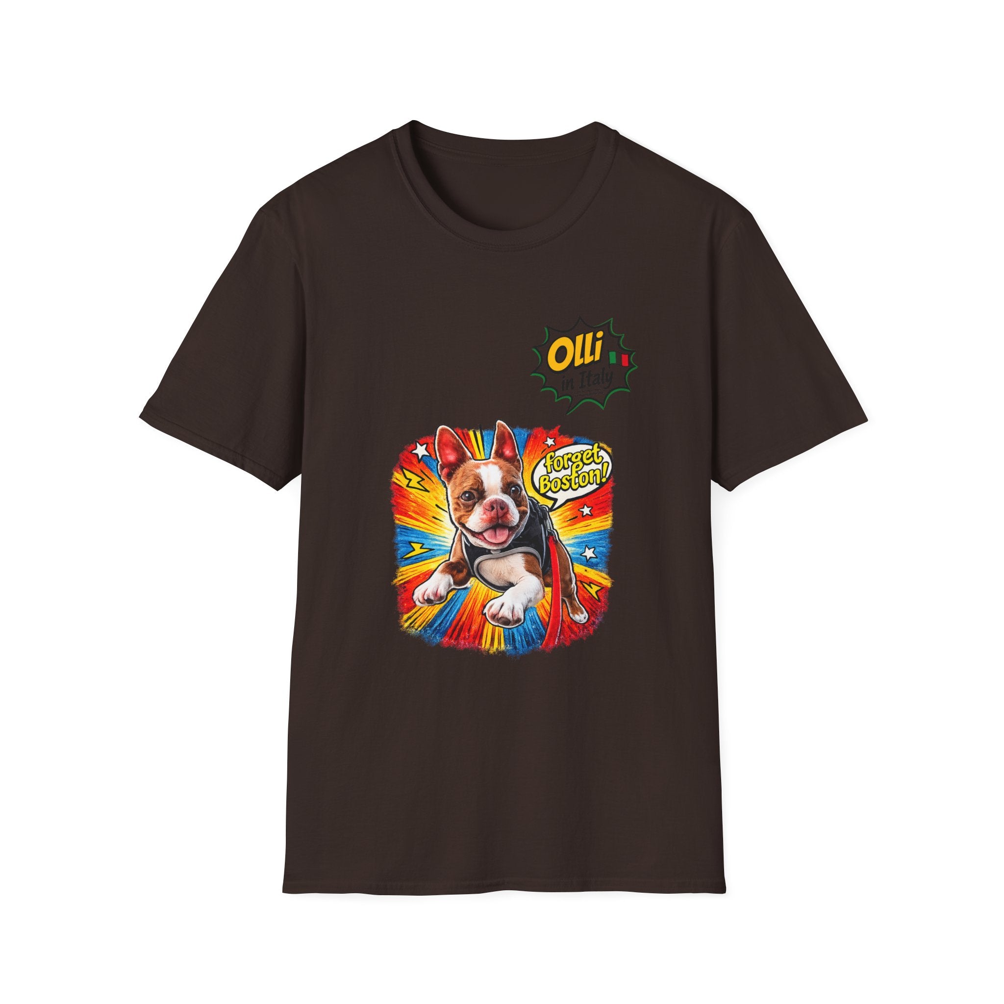 Olli in Italy "Forget Boston" Graphic T-Shirt — Colorful Dog Pop Art Tee