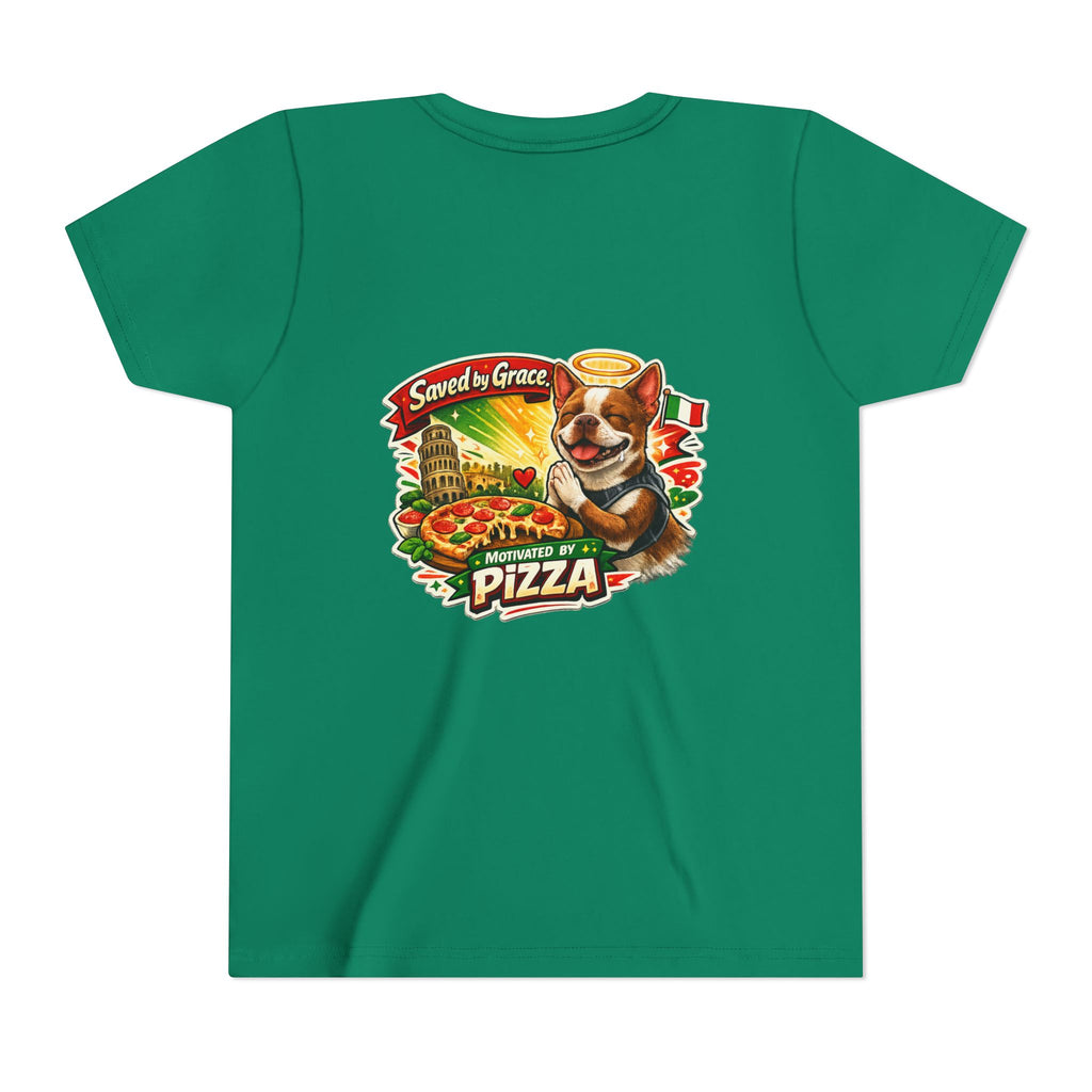 Kids' Pizza Olli the Boston Terrier Tee — "Saved by Grace" Funny Italian Pizza Youth Shirt