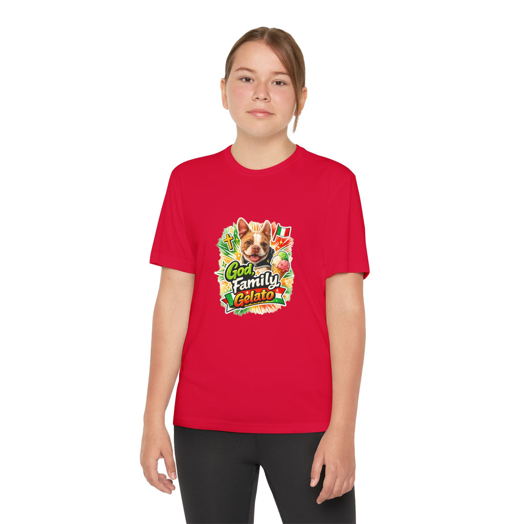Youth Graphic Tee — 'God, Family, Gelato' Olli In Italy Boston Terrier Dog