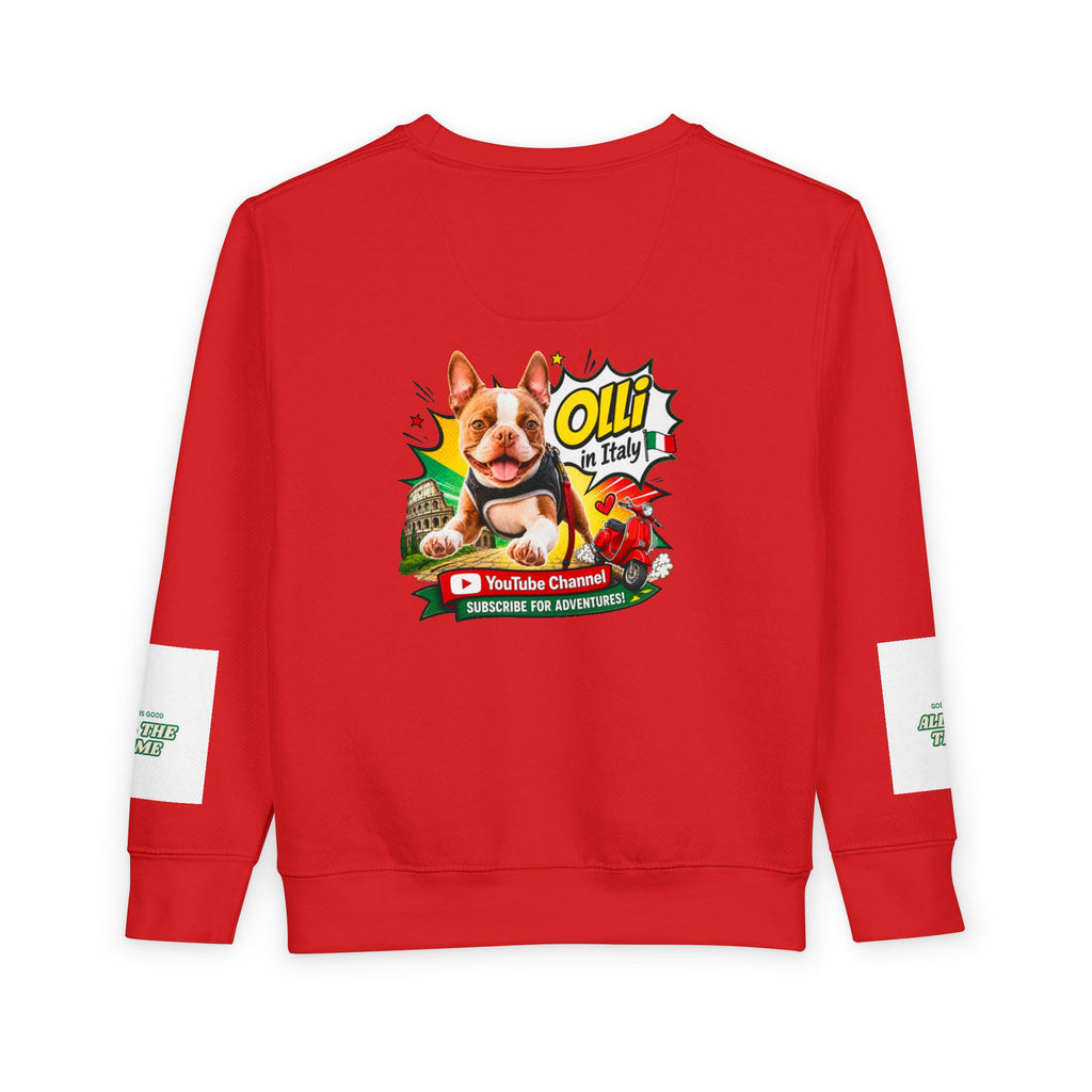 Toddler Sweatshirt - "Olli in Italy" Cute Boston Terrier Puppy Travel Crewneck