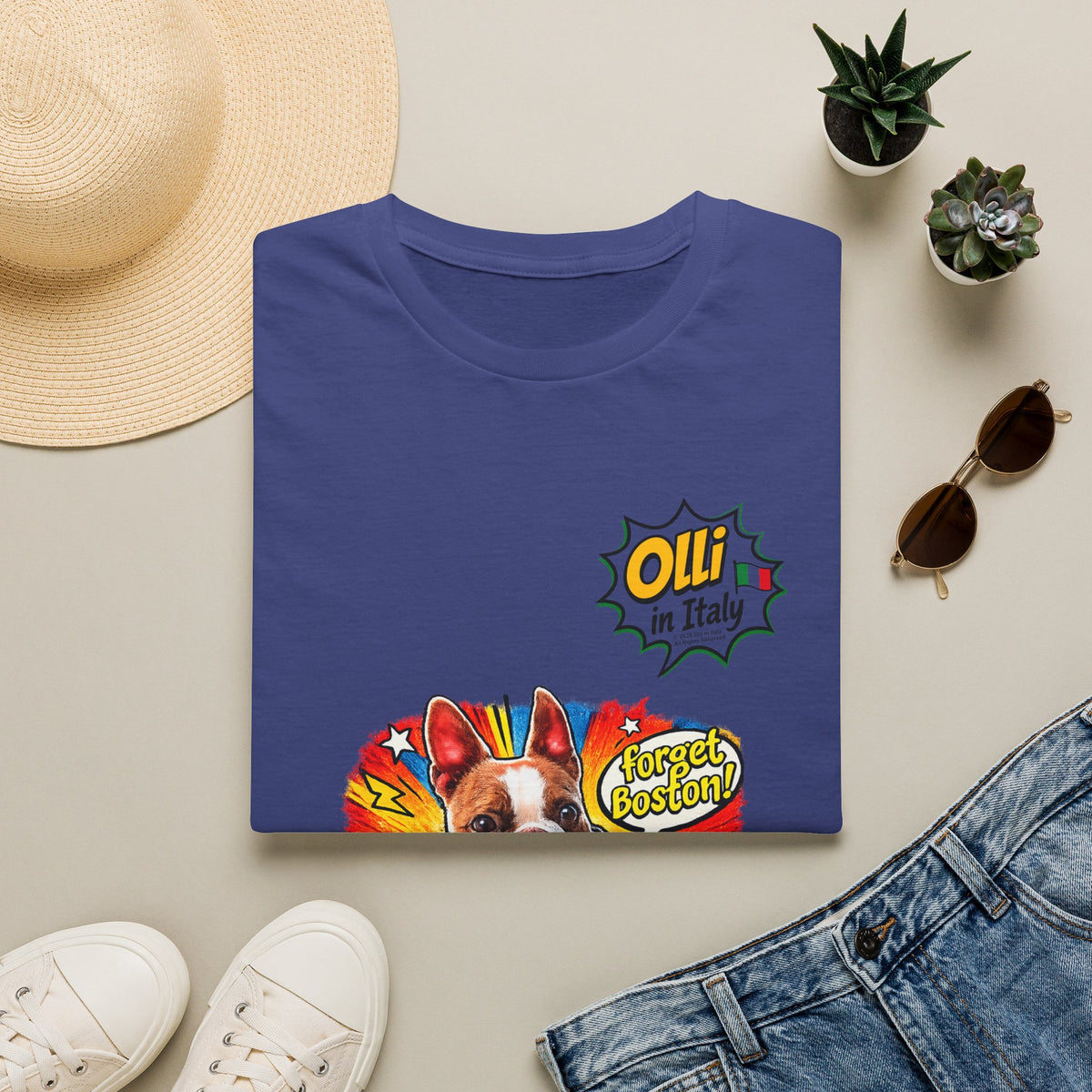 Olli in Italy "Forget Boston" Graphic T-Shirt — Colorful Dog Pop Art Tee