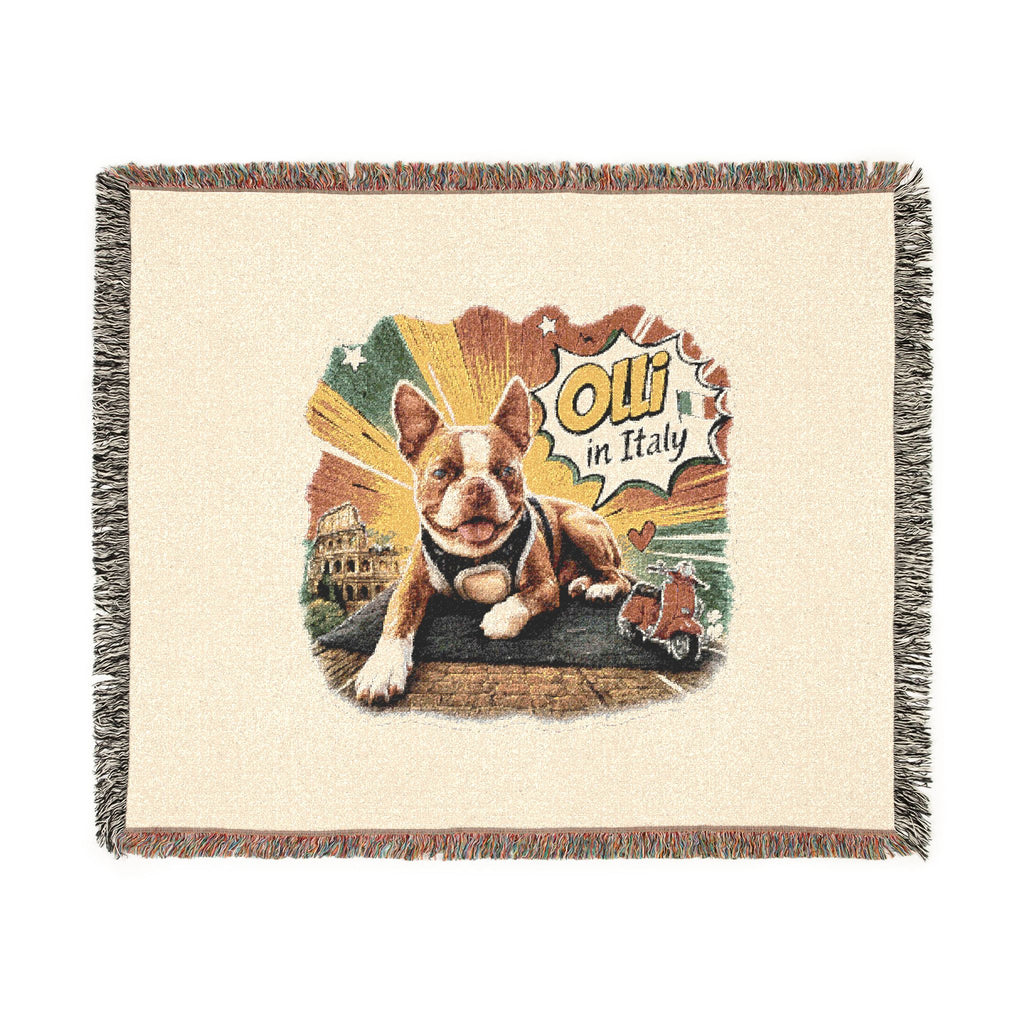 Olli in Italy dog illustration Woven Blanket | travel retro pet throw