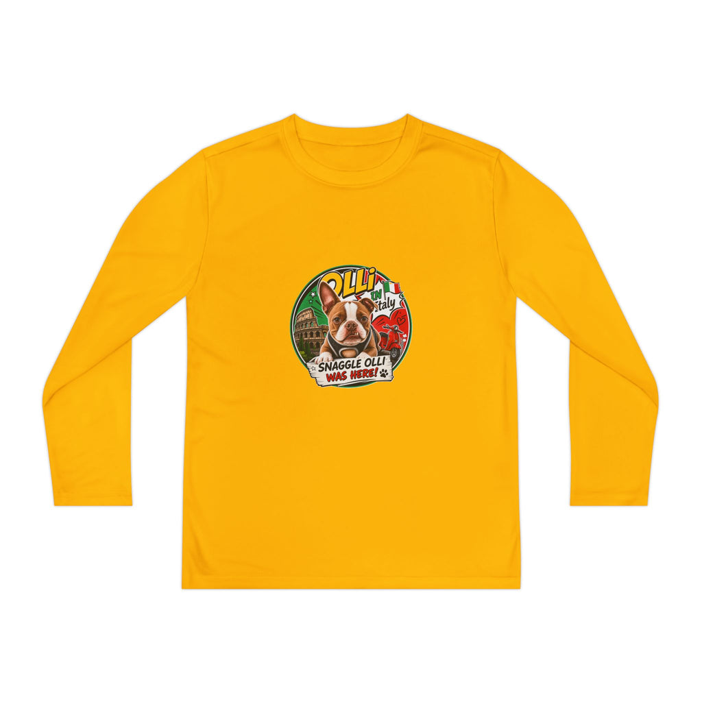 Olli the Boston Terrier in Italy Youth Long Sleeve Tee — "Olli" Surf Rescue Graphic
