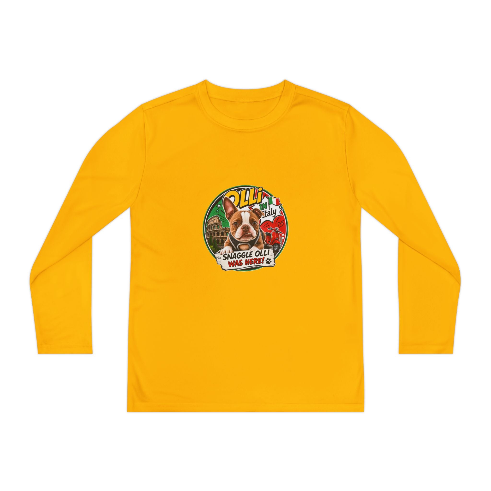 Olli the Boston Terrier in Italy Youth Long Sleeve Tee — "Olli" Surf Rescue Graphic