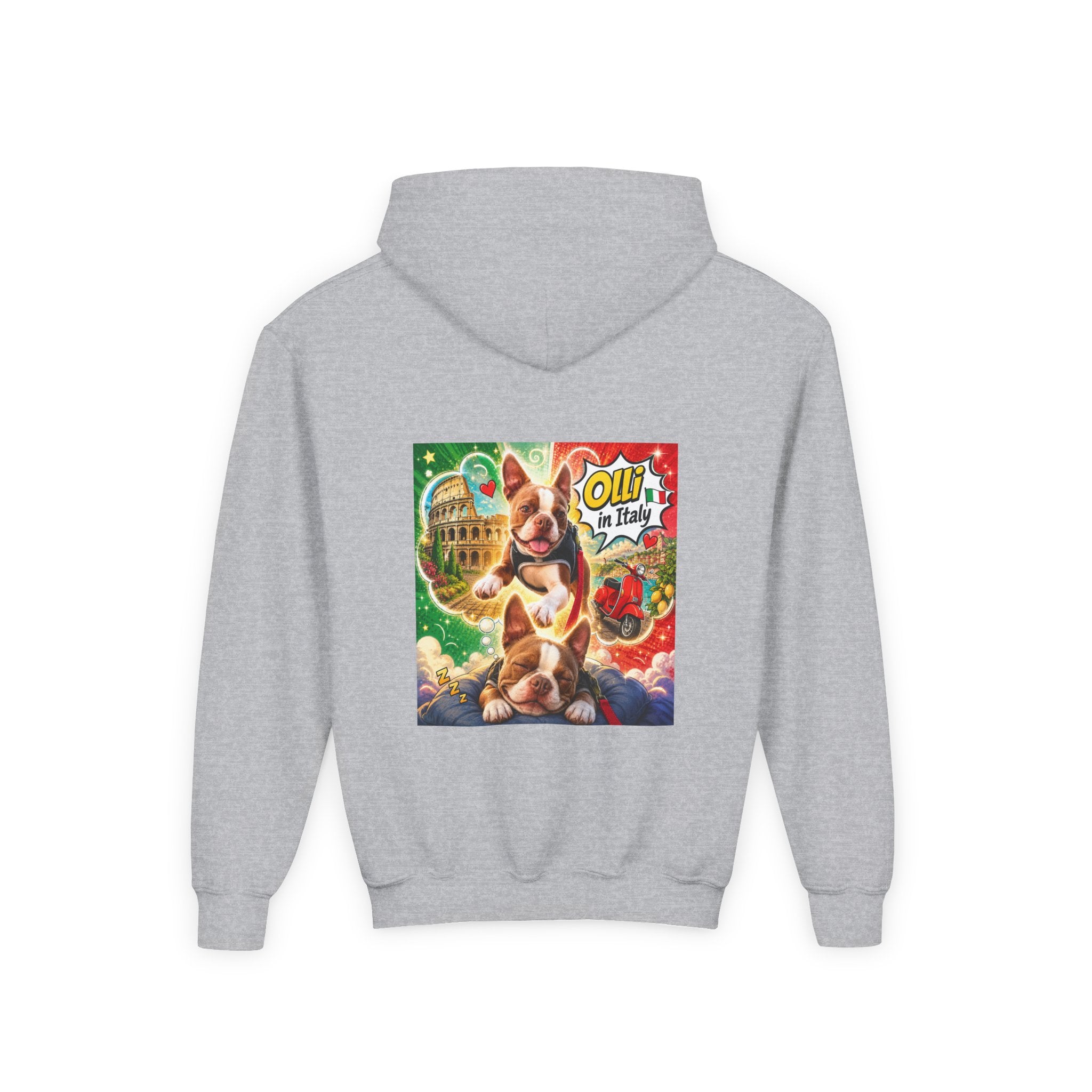 Youth Hoodie — "Olli in Italy" Boston Terrier Sweatshirt