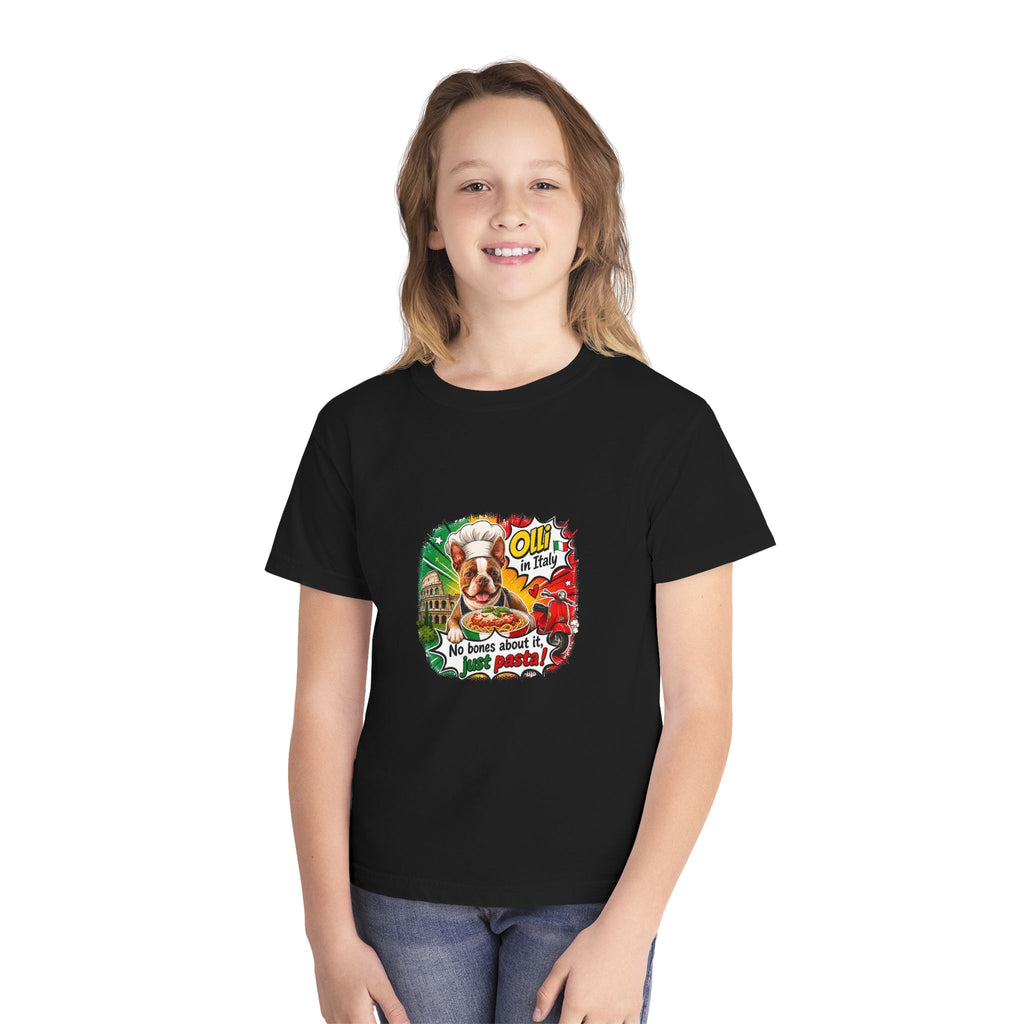 Youth Tee - Cute Olli the Boston Terrier "My Nose Says This Way" Vintage Italian Pizza Chef Graphic