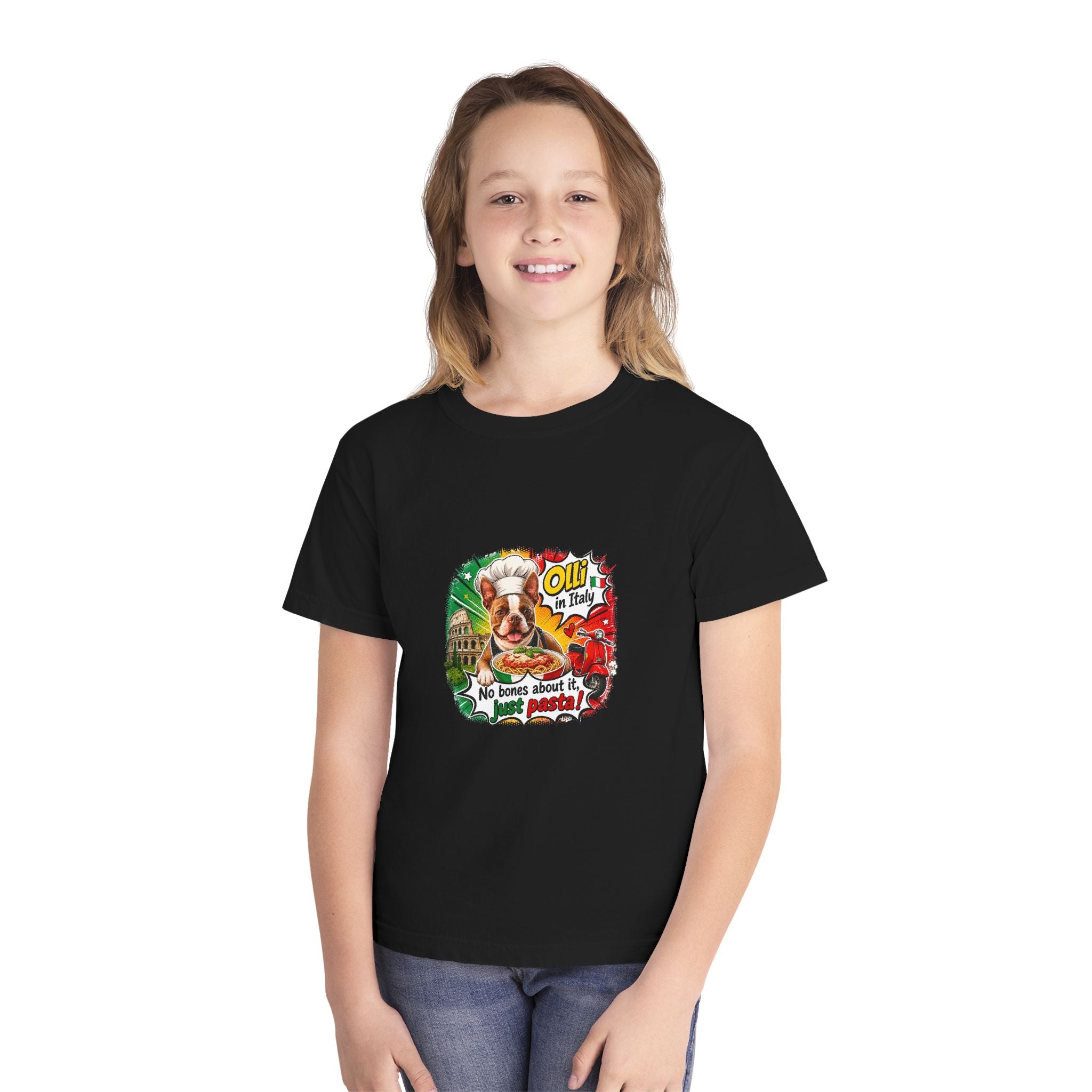 Youth Tee - Cute Olli the Boston Terrier "My Nose Says This Way" Vintage Italian Pizza Chef Graphic