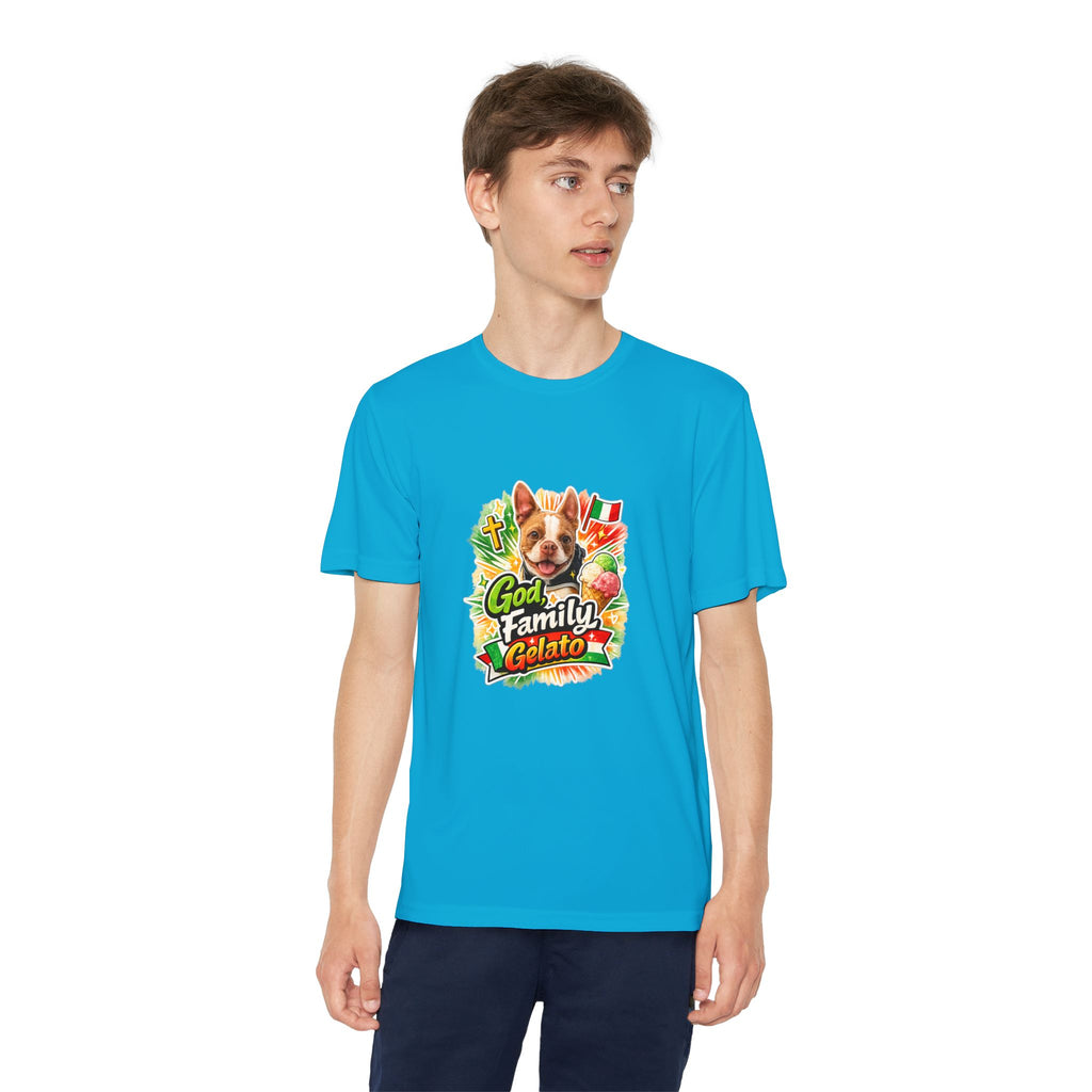 Youth Graphic Tee — 'God, Family, Gelato' Olli In Italy Boston Terrier Dog