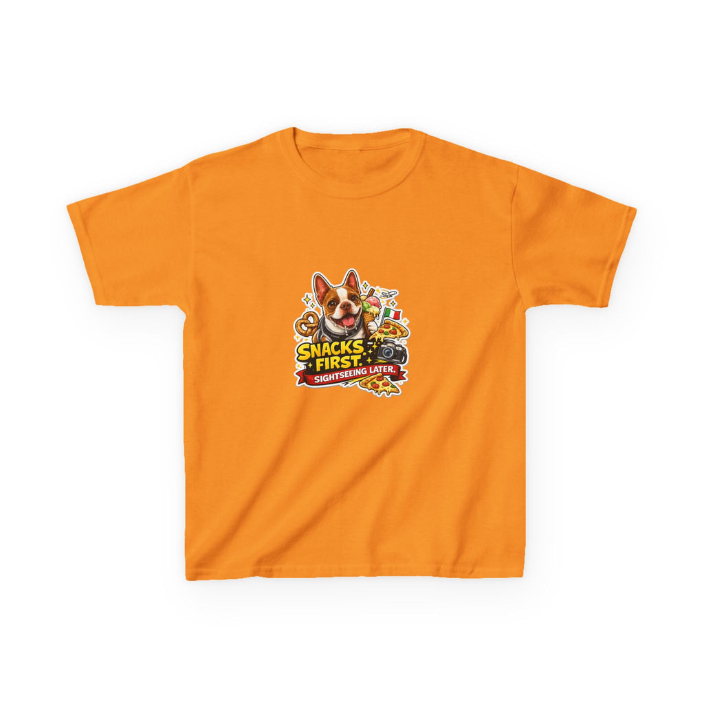 Kids T‑Shirt — "Snacks First" Funny Olli the Boston Terrier Graphic Tee for Children
