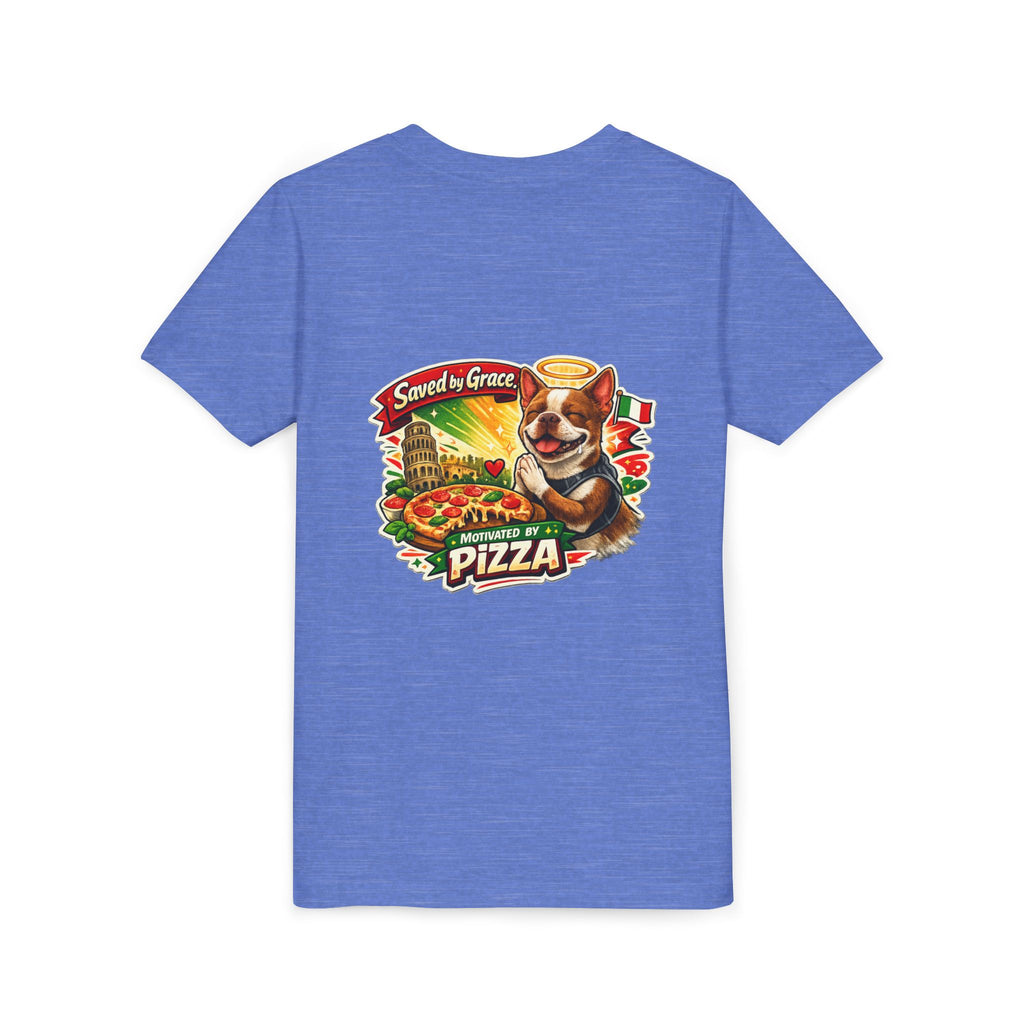 Kids' Pizza Olli the Boston Terrier Tee — "Saved by Grace" Funny Italian Pizza Youth Shirt
