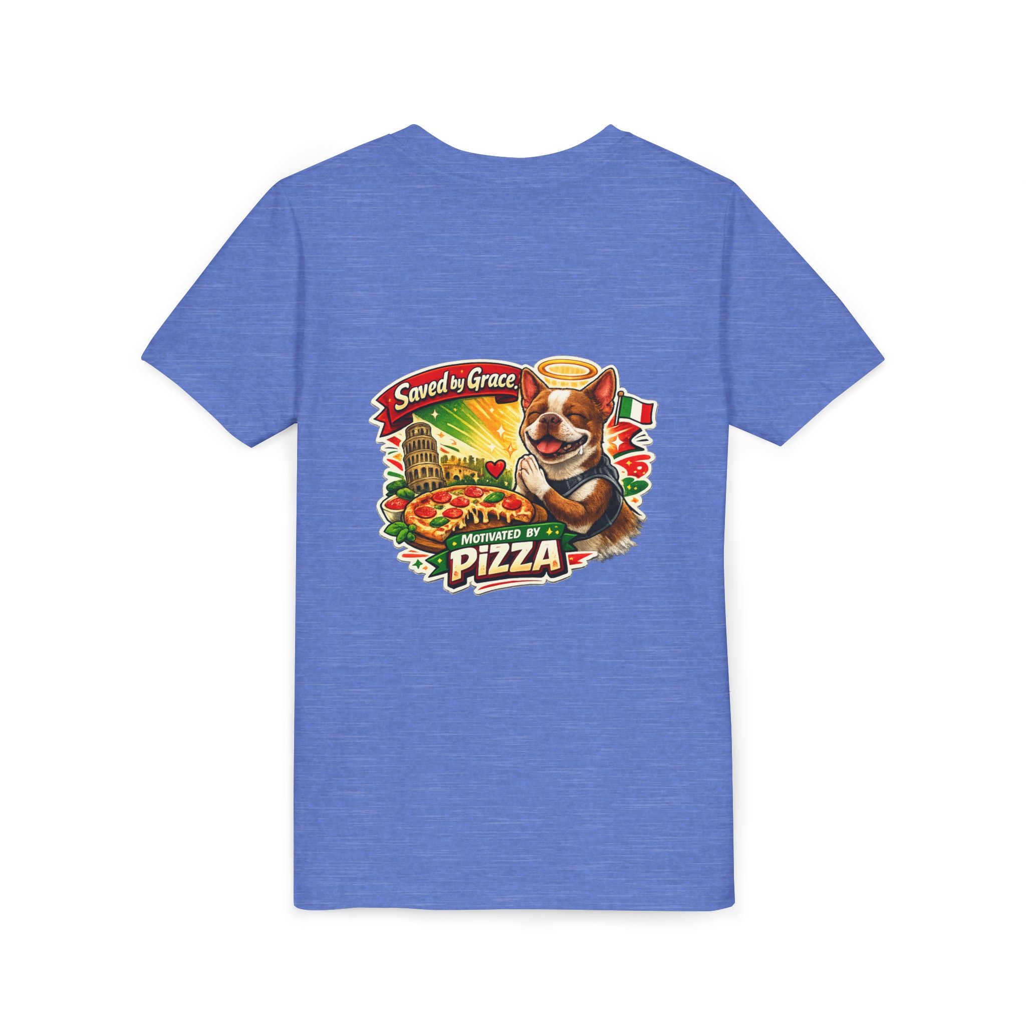 Kids' Pizza Olli the Boston Terrier Tee — "Saved by Grace" Funny Italian Pizza Youth Shirt