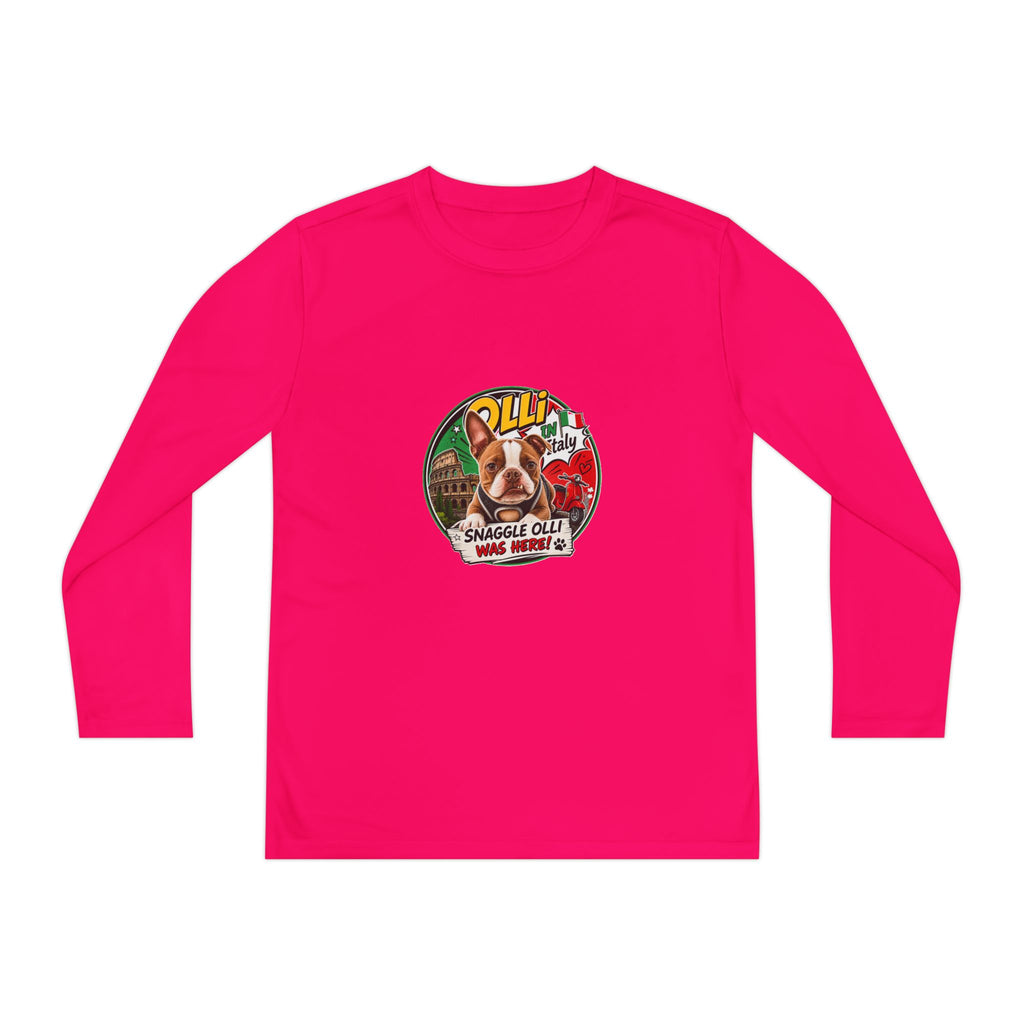 Olli the Boston Terrier in Italy Youth Long Sleeve Tee — "Olli" Surf Rescue Graphic