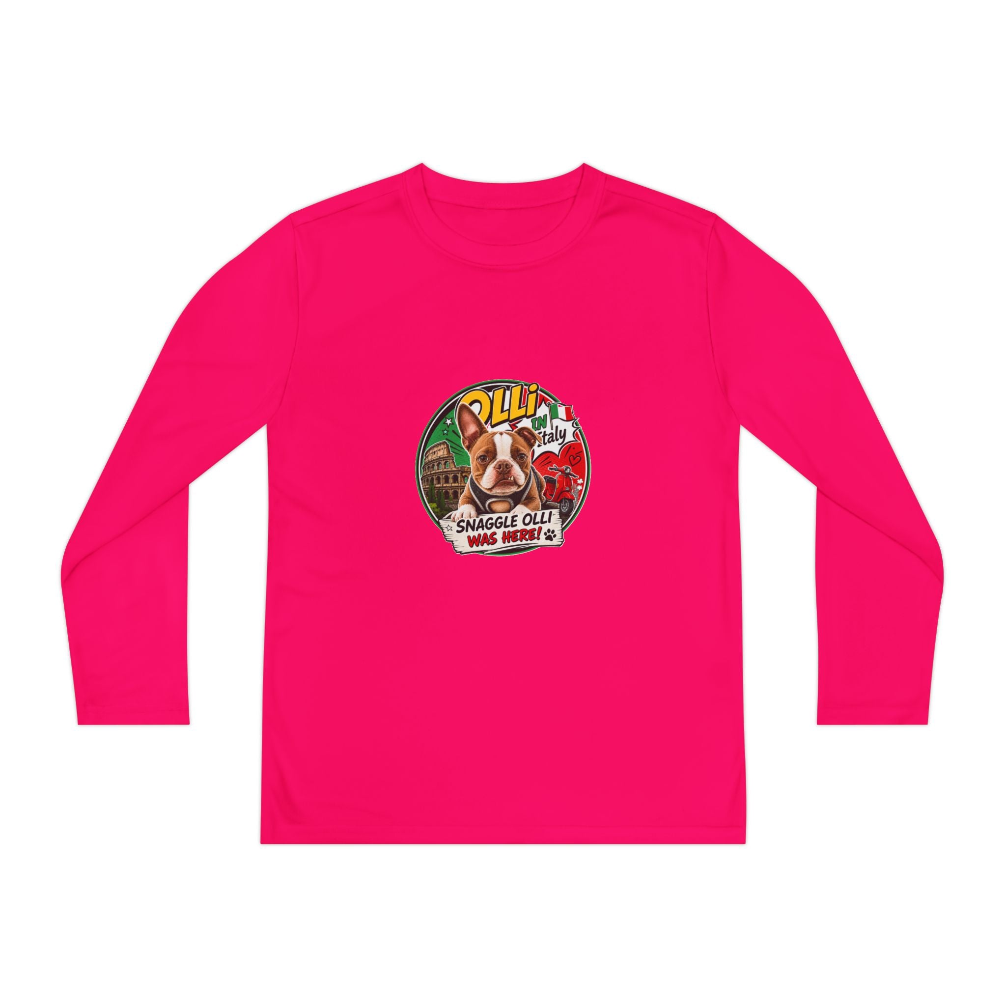 Olli the Boston Terrier in Italy Youth Long Sleeve Tee — "Olli" Surf Rescue Graphic