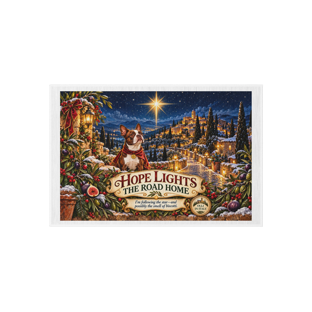 Outdoor Rug — "Hope Lights the Road Home" Christmas Holiday Doormat Rug with Boston Terrier