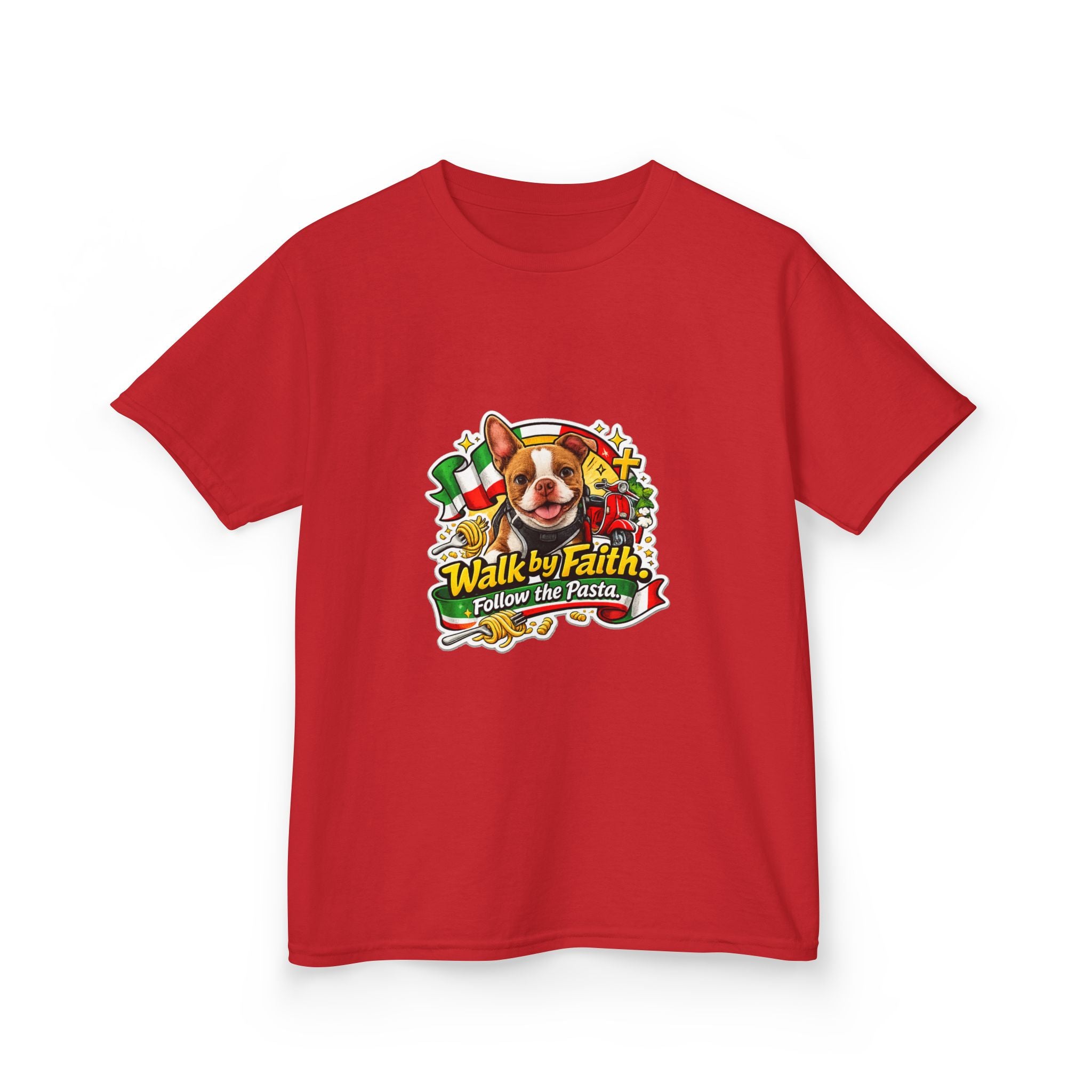 Kids T‑Shirt — “Walk by Faith, Follow the Pasta ” Cute Olli the Boston Terrier Faith Graphic