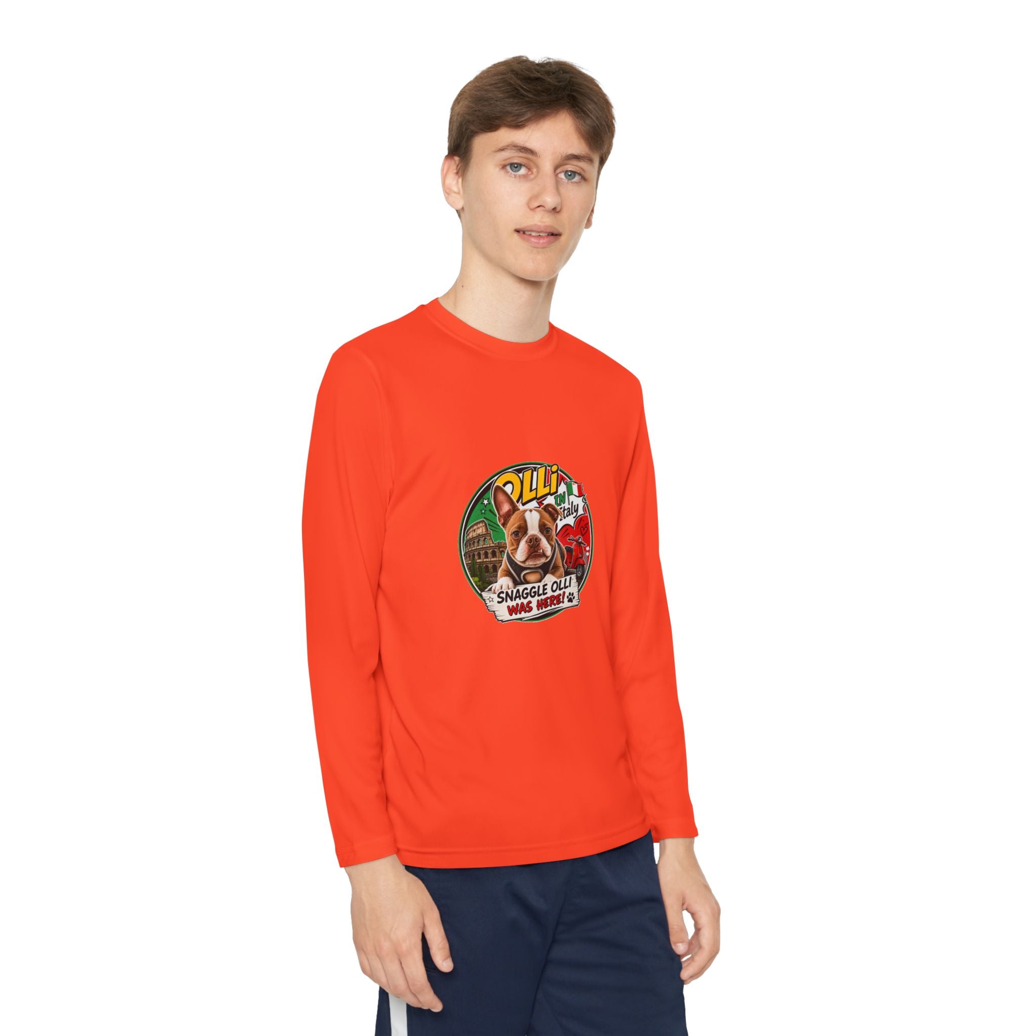 Olli the Boston Terrier in Italy Youth Long Sleeve Tee — "Olli" Surf Rescue Graphic