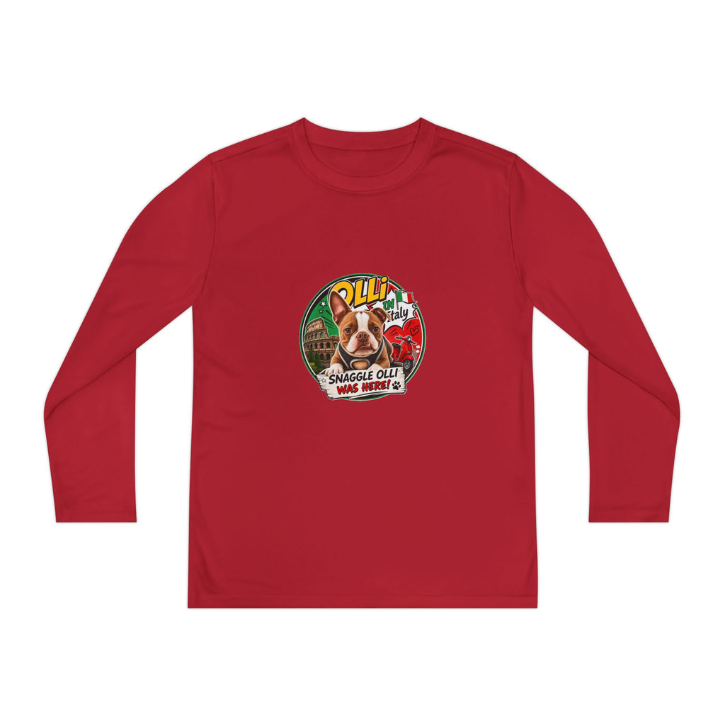 Olli the Boston Terrier in Italy Youth Long Sleeve Tee — "Olli" Surf Rescue Graphic