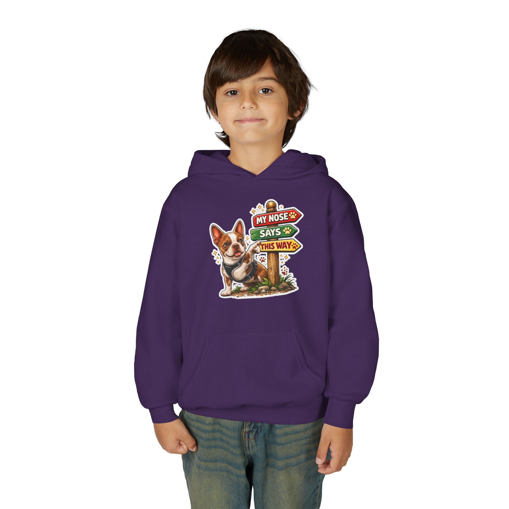Youth Hoodie — Cute Olli the Boston Terrier ‘My Nose Says This Way’ / ‘I Came, I Sniffed, I Judged’