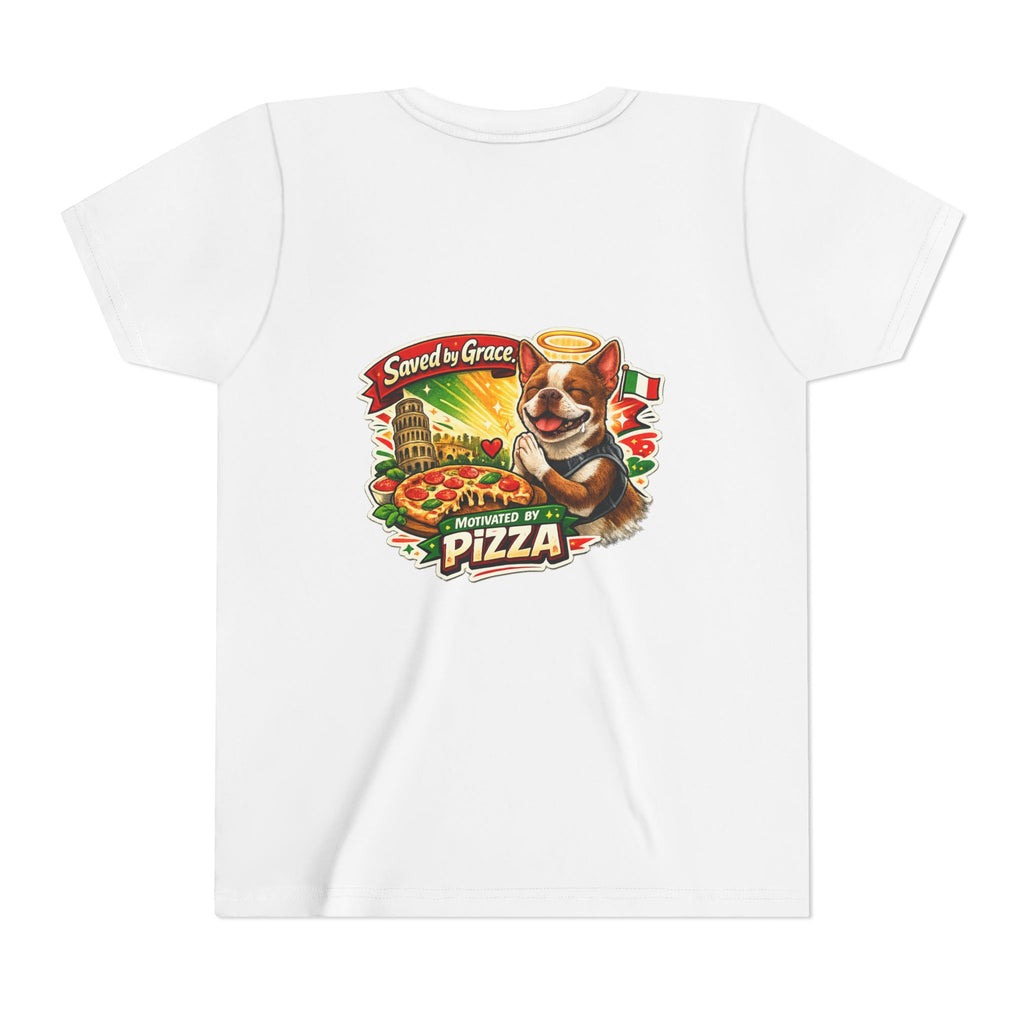 Kids' Pizza Olli the Boston Terrier Tee — "Saved by Grace" Funny Italian Pizza Youth Shirt