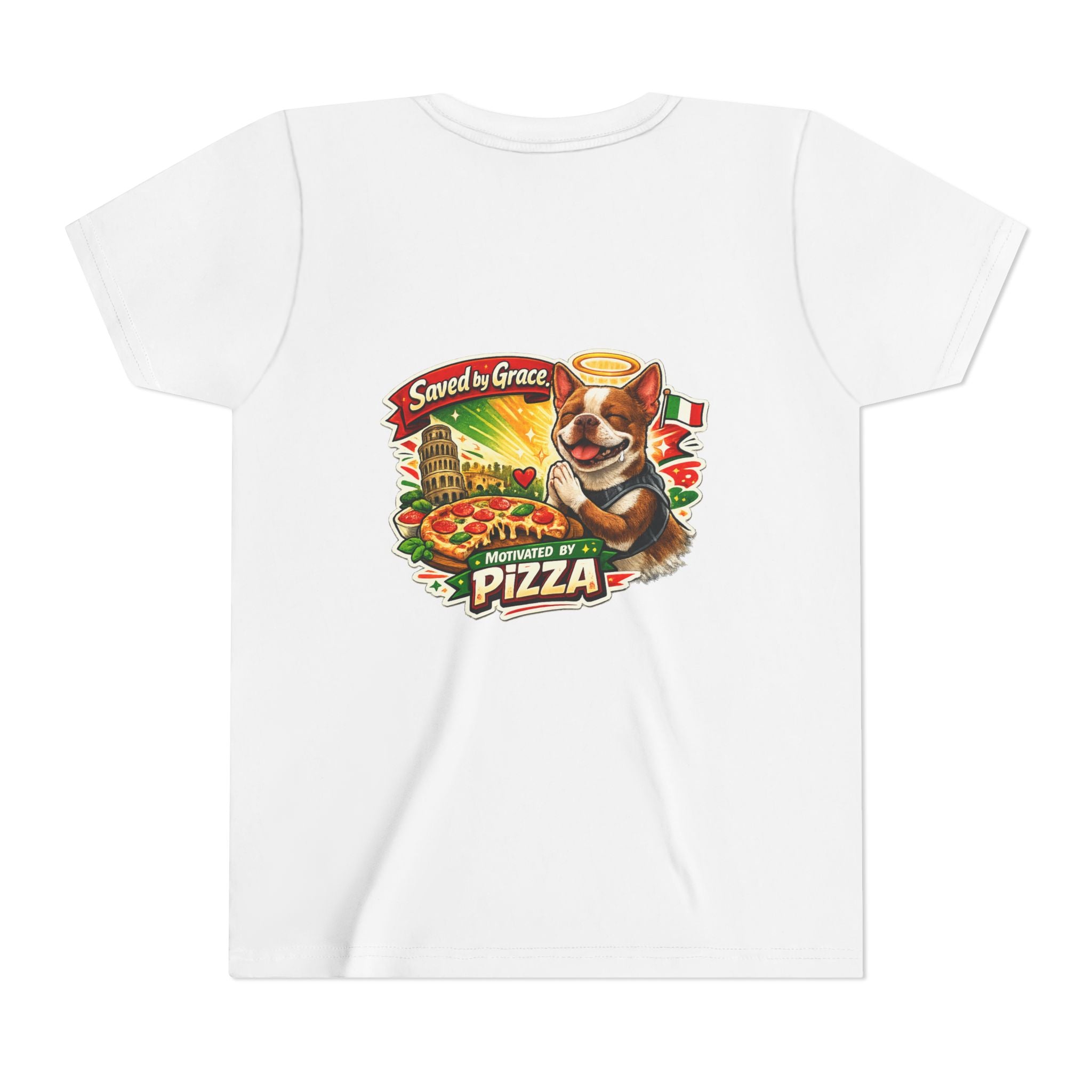 Kids' Pizza Olli the Boston Terrier Tee — "Saved by Grace" Funny Italian Pizza Youth Shirt