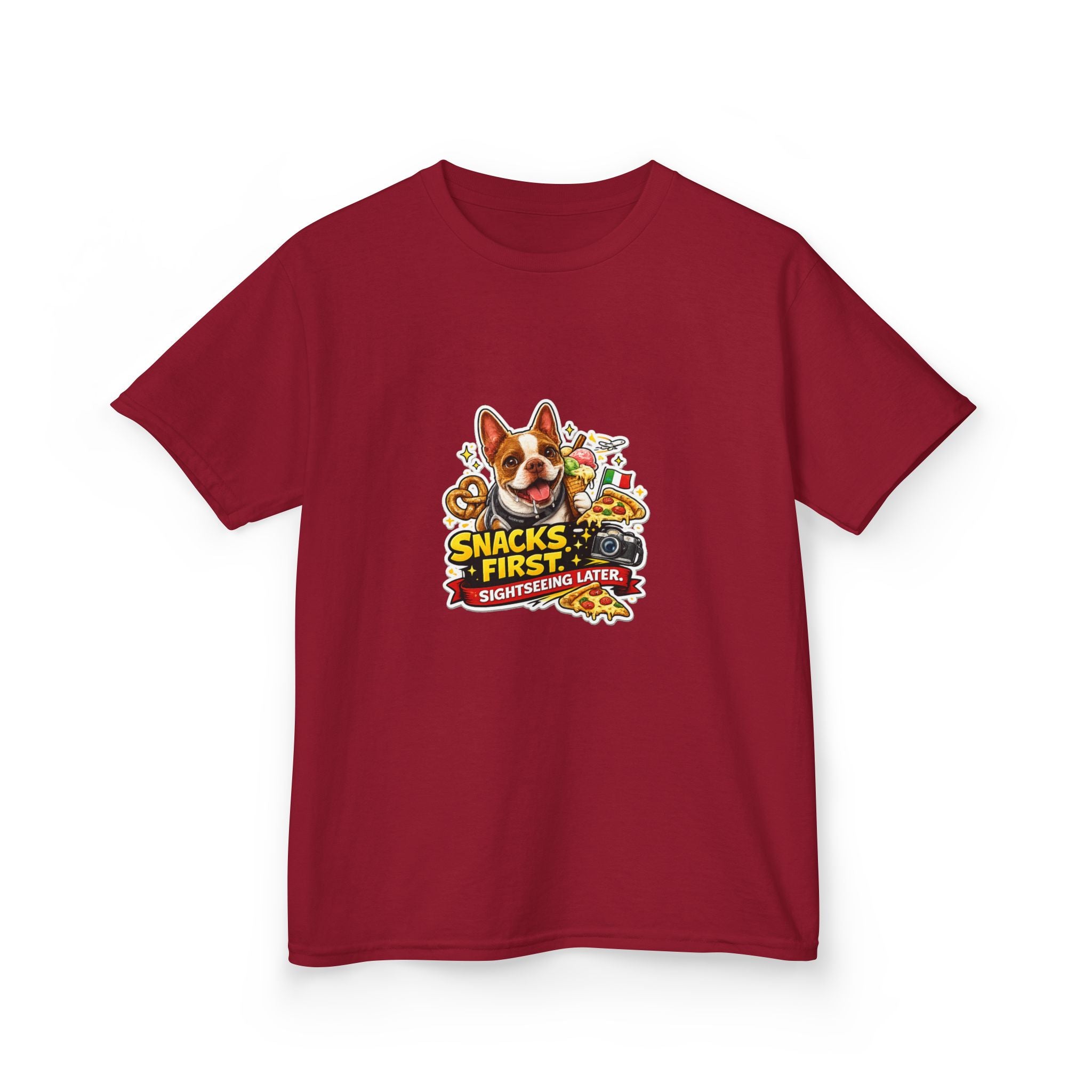 Kids T‑Shirt — "Snacks First" Funny Olli the Boston Terrier Graphic Tee for Children