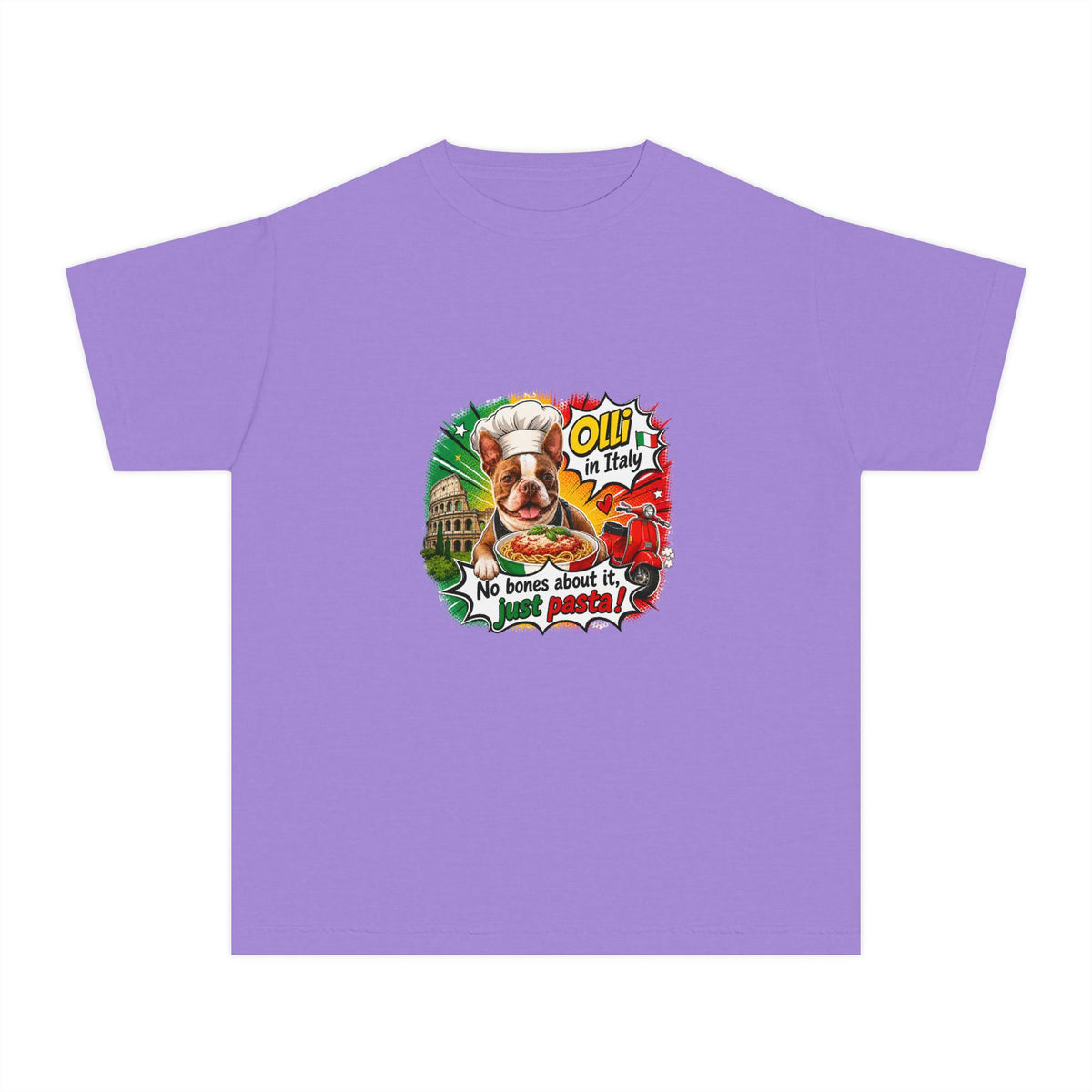 Youth Tee - Cute Olli the Boston Terrier "My Nose Says This Way" Vintage Italian Pizza Chef Graphic