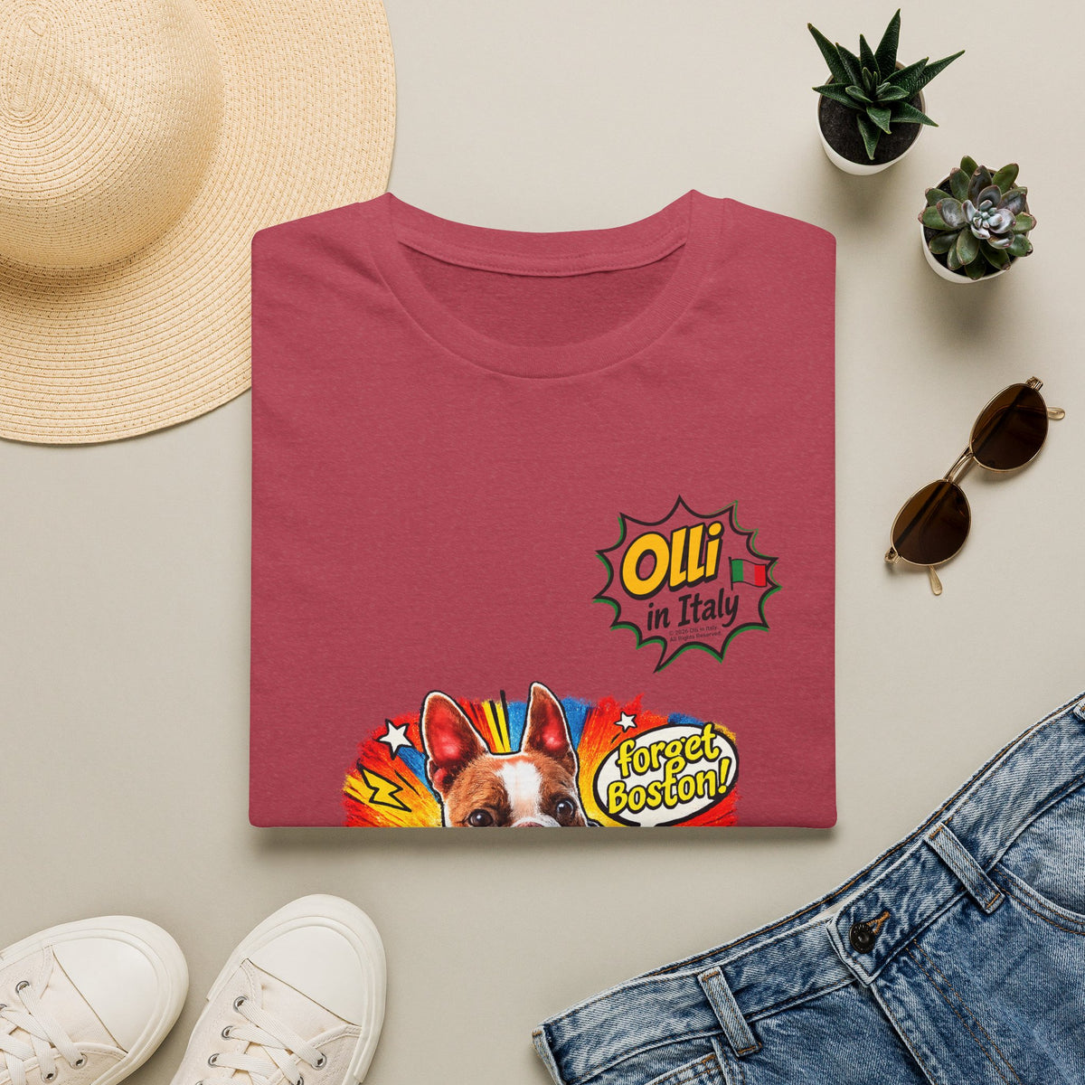 Olli in Italy "Forget Boston" Graphic T-Shirt — Colorful Dog Pop Art Tee