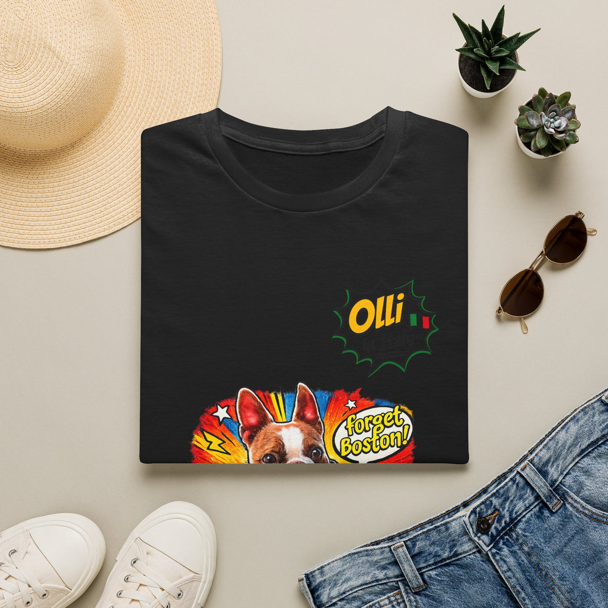 Olli in Italy "Forget Boston" Graphic T-Shirt — Colorful Dog Pop Art Tee
