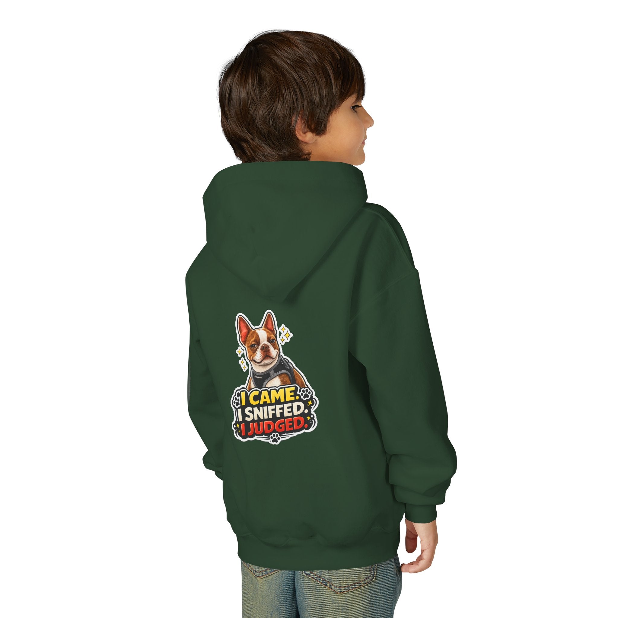 Youth Hoodie — Cute Olli the Boston Terrier ‘My Nose Says This Way’ / ‘I Came, I Sniffed, I Judged’