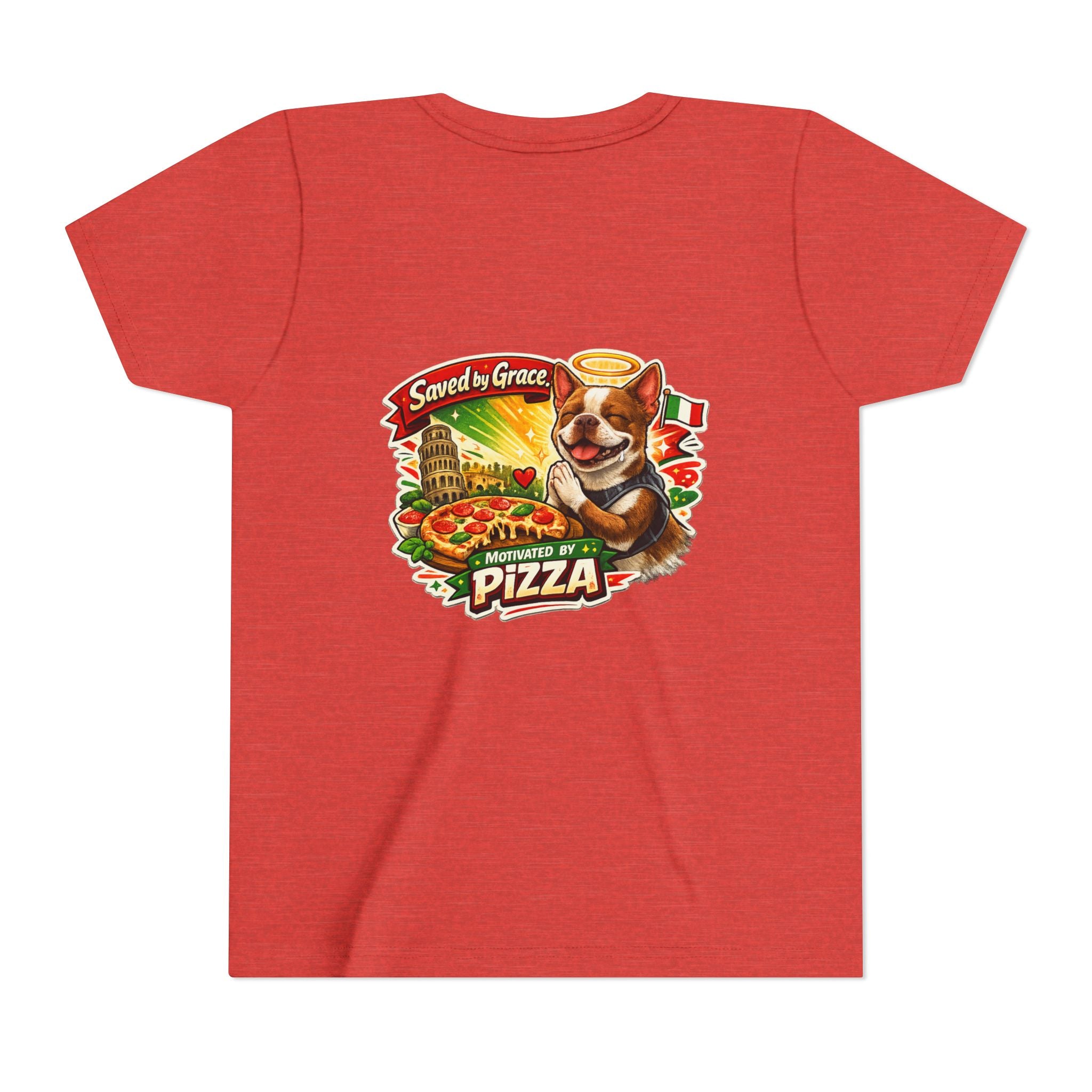 Kids' Pizza Olli the Boston Terrier Tee — "Saved by Grace" Funny Italian Pizza Youth Shirt