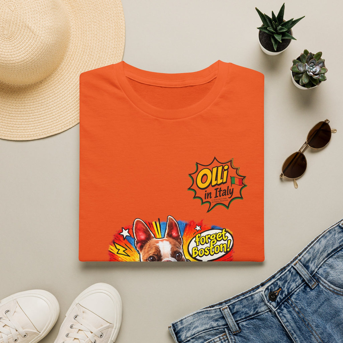 Olli in Italy "Forget Boston" Graphic T-Shirt — Colorful Dog Pop Art Tee