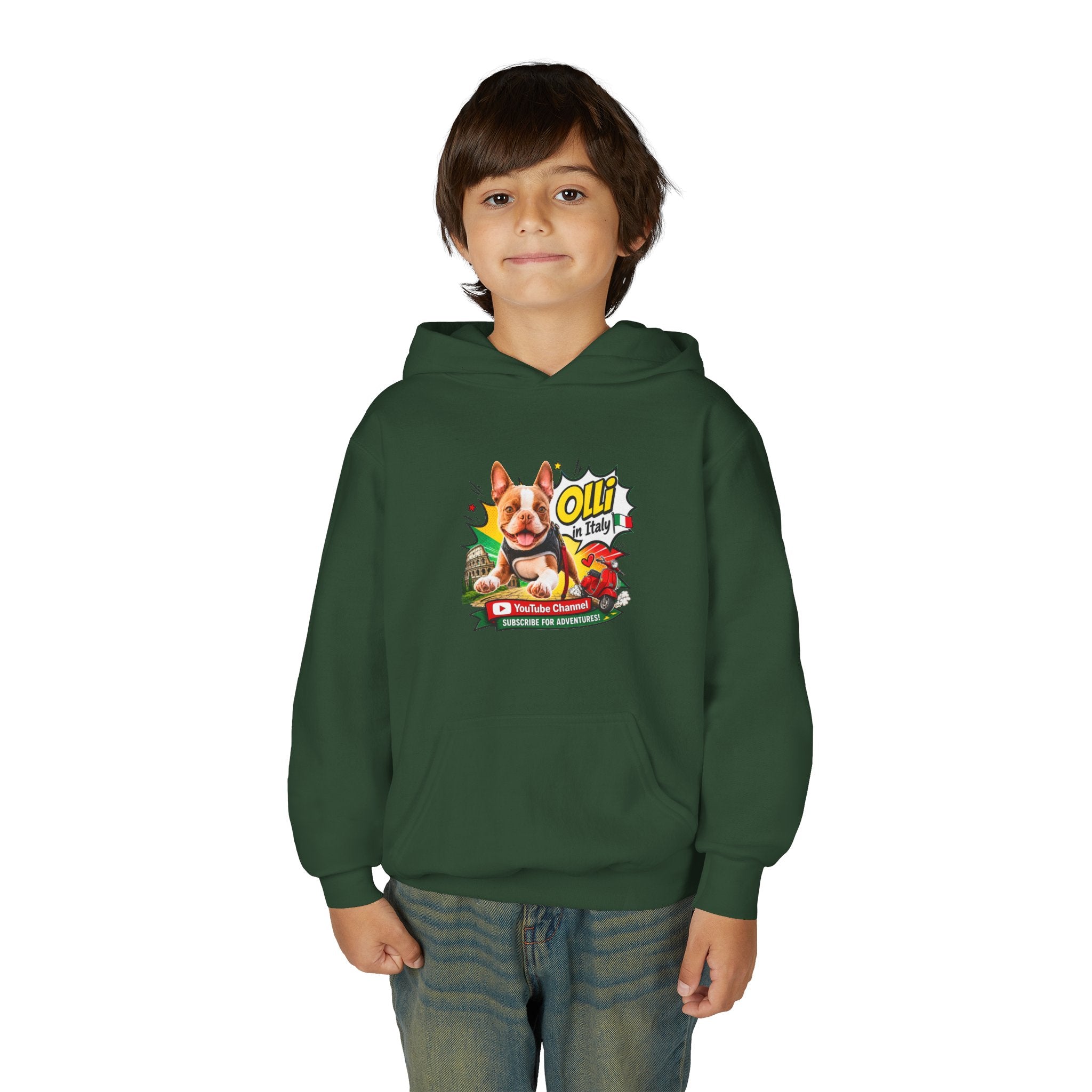 Olli the Boston Terrier in Italy Hoodie — "My Nose Says This Way" Youth Pullover