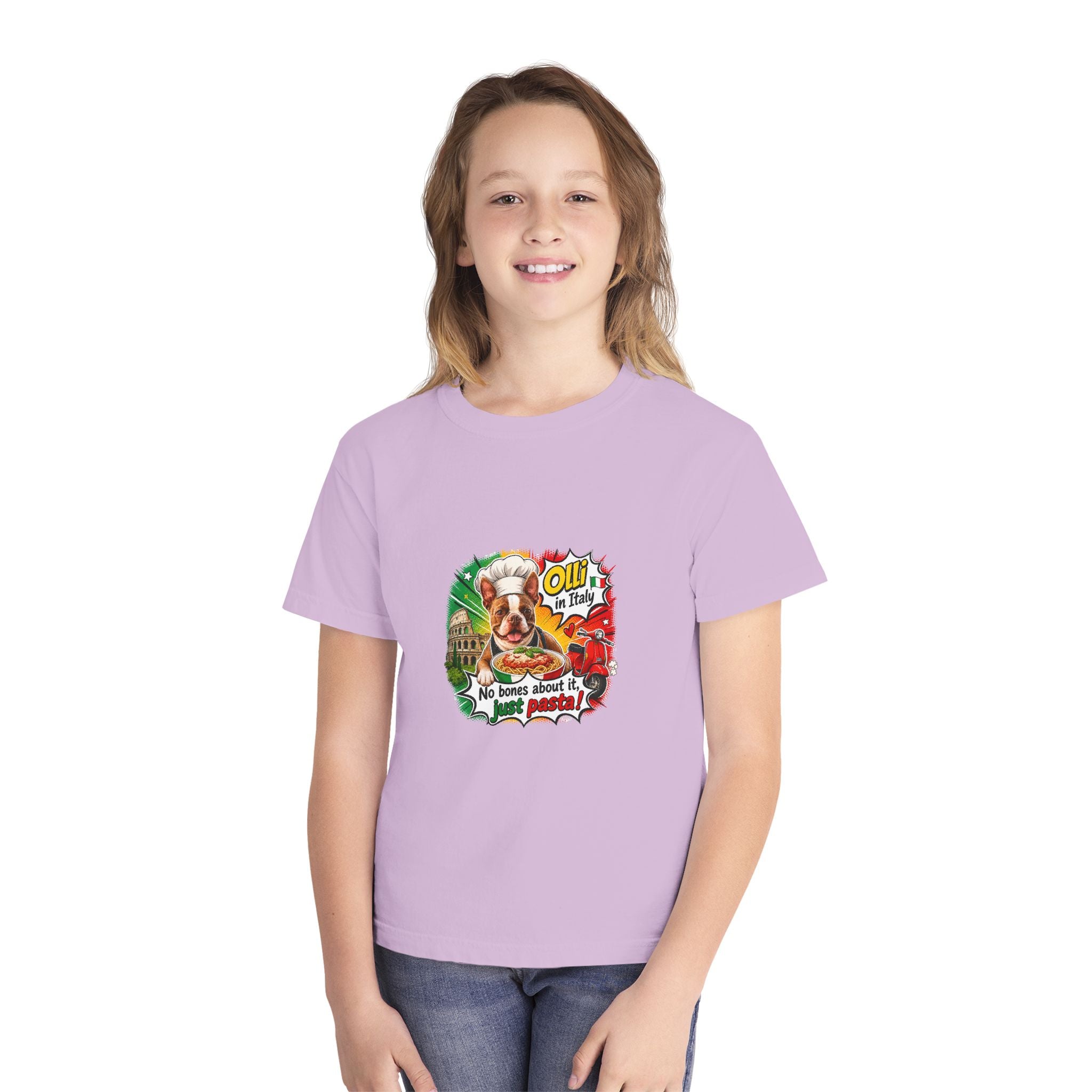 Youth Tee - Cute Olli the Boston Terrier "My Nose Says This Way" Vintage Italian Pizza Chef Graphic