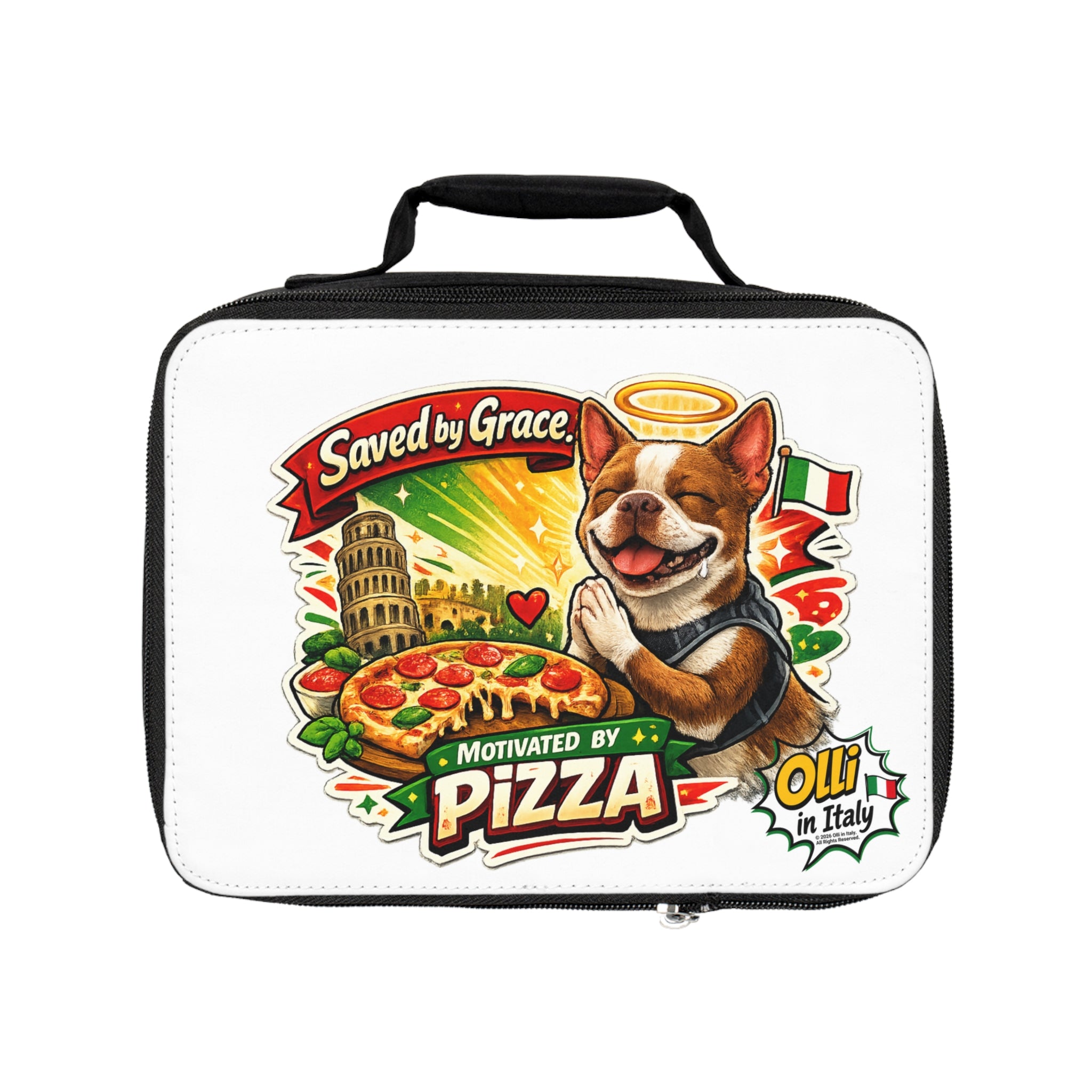 Saved by Grace Motivated by Pizza Lunch Bag | Olli the Boston Terrier, Pizza, Italian Theme