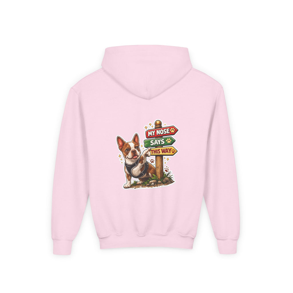 Olli the Boston Terrier in Italy Hoodie — "My Nose Says This Way" Youth Pullover