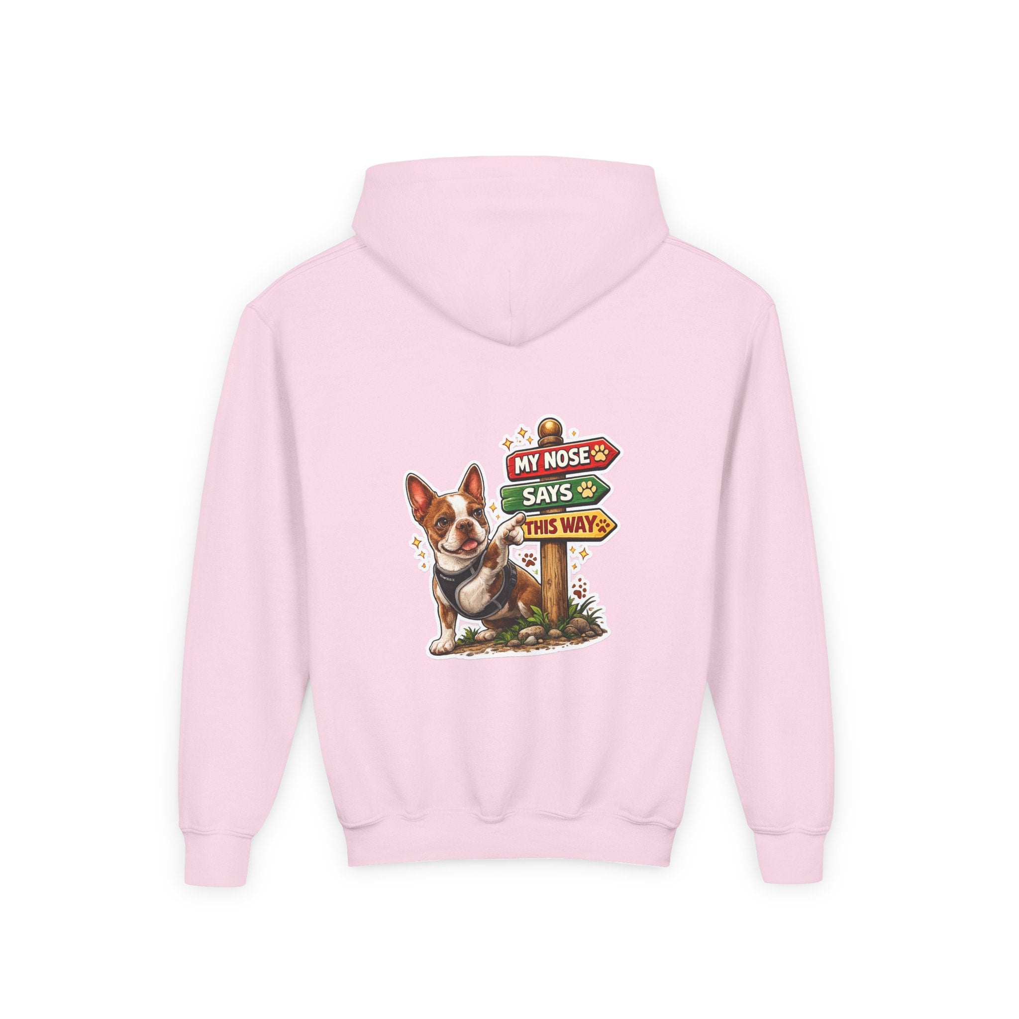 Olli the Boston Terrier in Italy Hoodie — "My Nose Says This Way" Youth Pullover