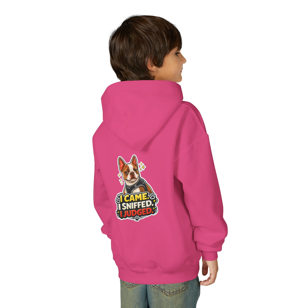 Youth Hoodie — Cute Olli the Boston Terrier ‘My Nose Says This Way’ / ‘I Came, I Sniffed, I Judged’